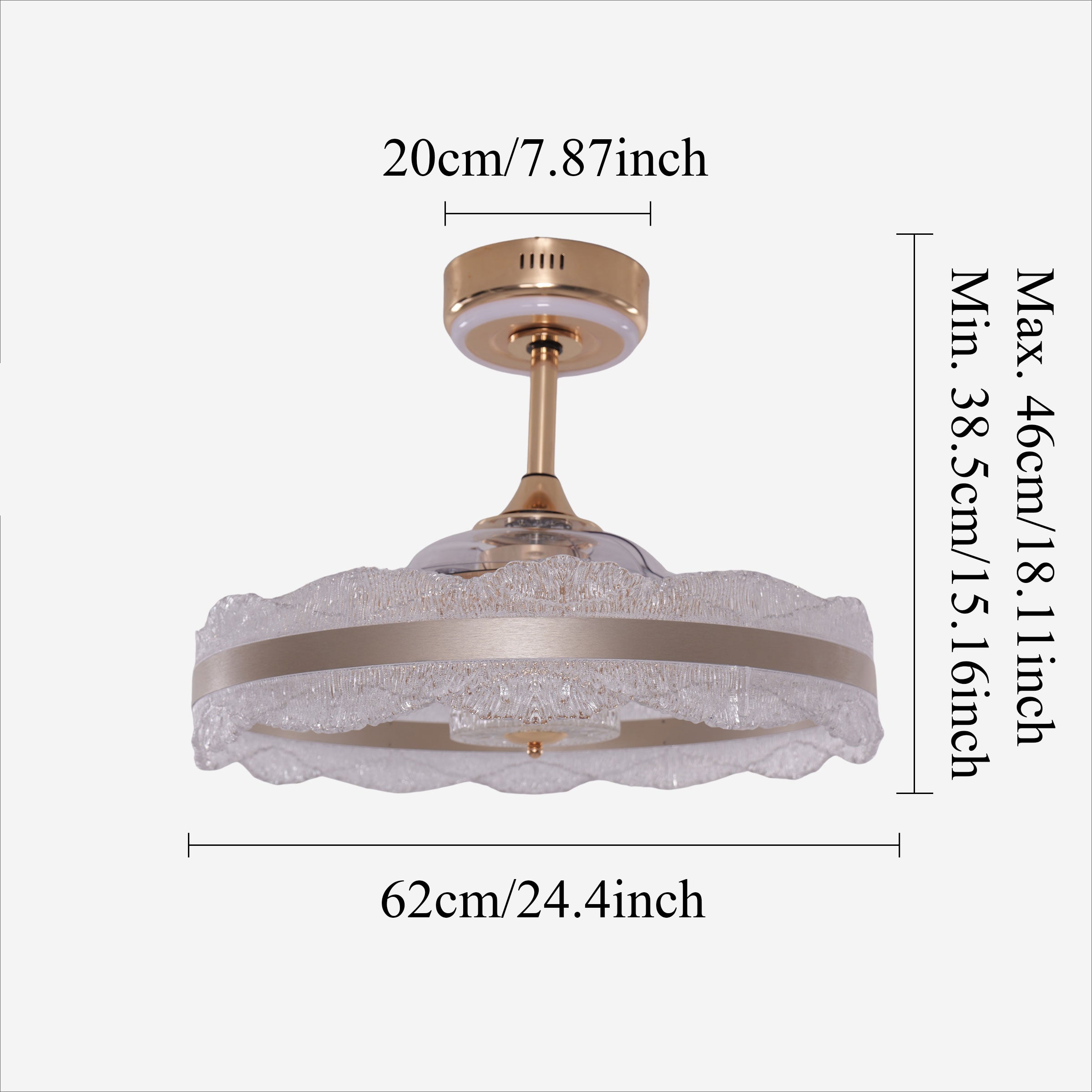 62cm acrylic fan light size chart with 38.5-46cm adjustable height