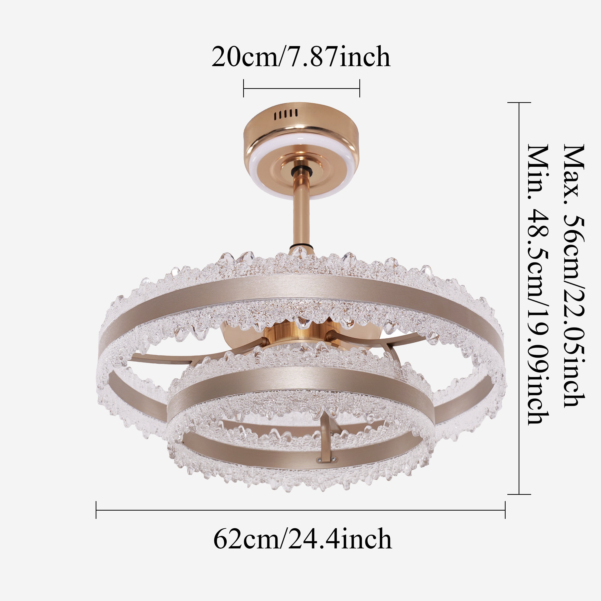 62cm gold halo fan light size chart with 20cm canopy and adjustable drop height