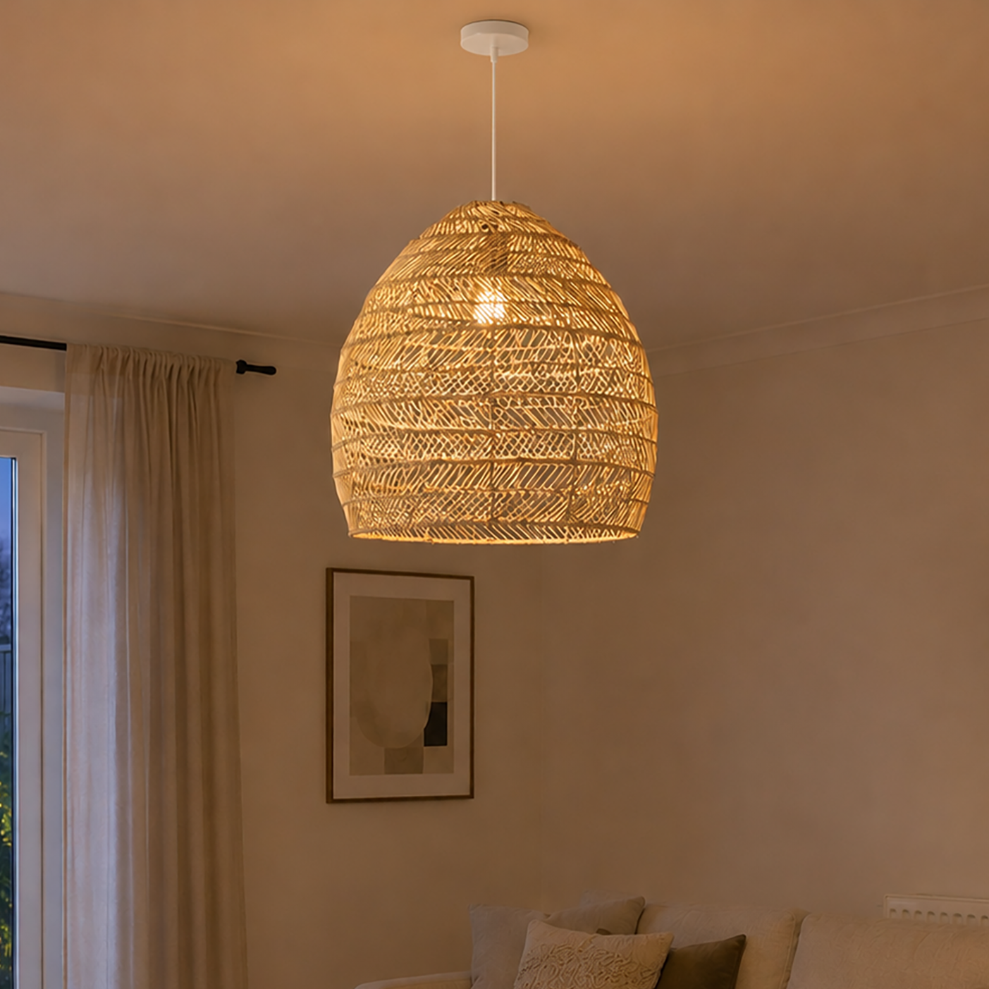 Natural rattan pendant light without inner sphere in a warm living room corner