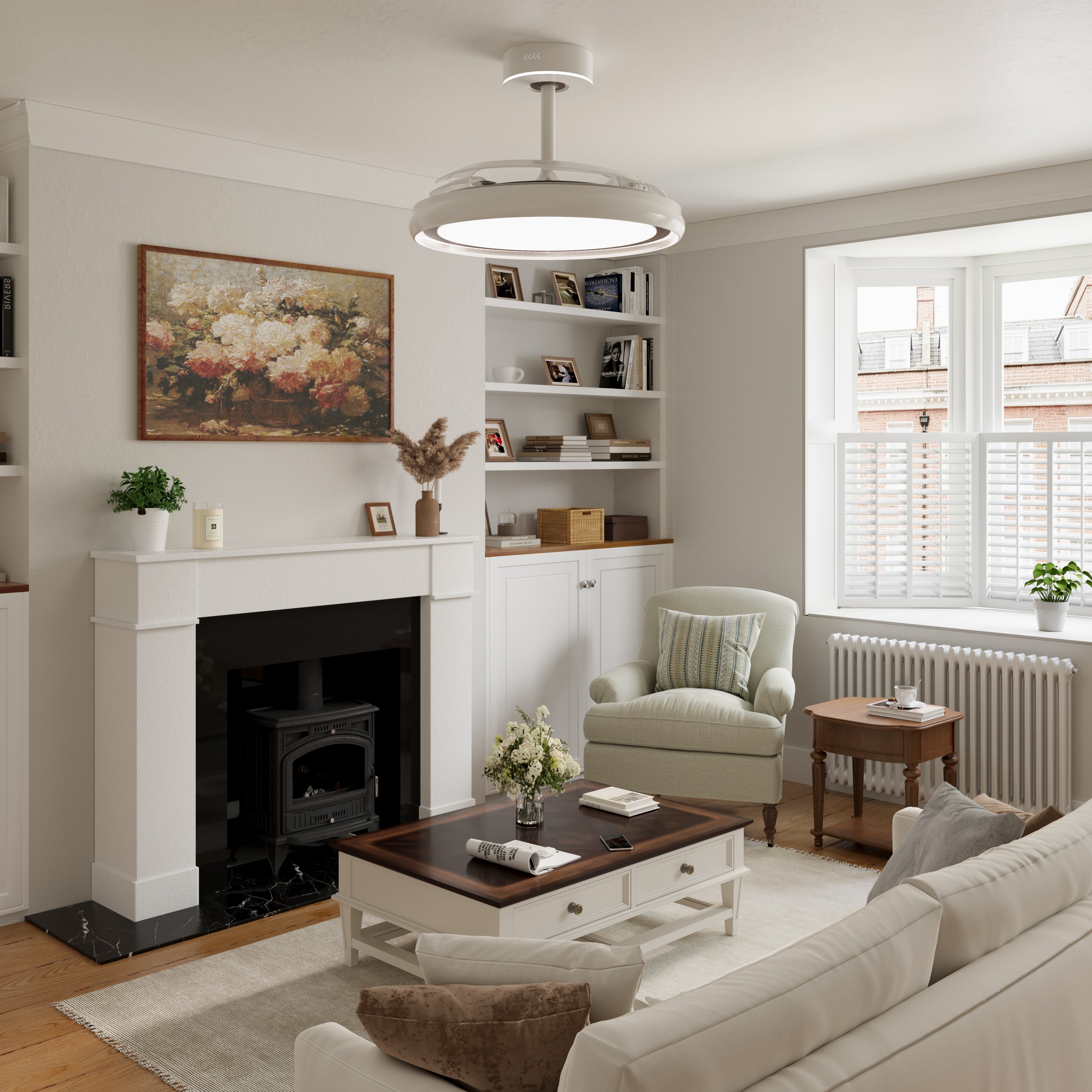 LI460246 White 48 Inch Reversible LED Ceiling Fan Light with Remote - light on with fan blades closed
