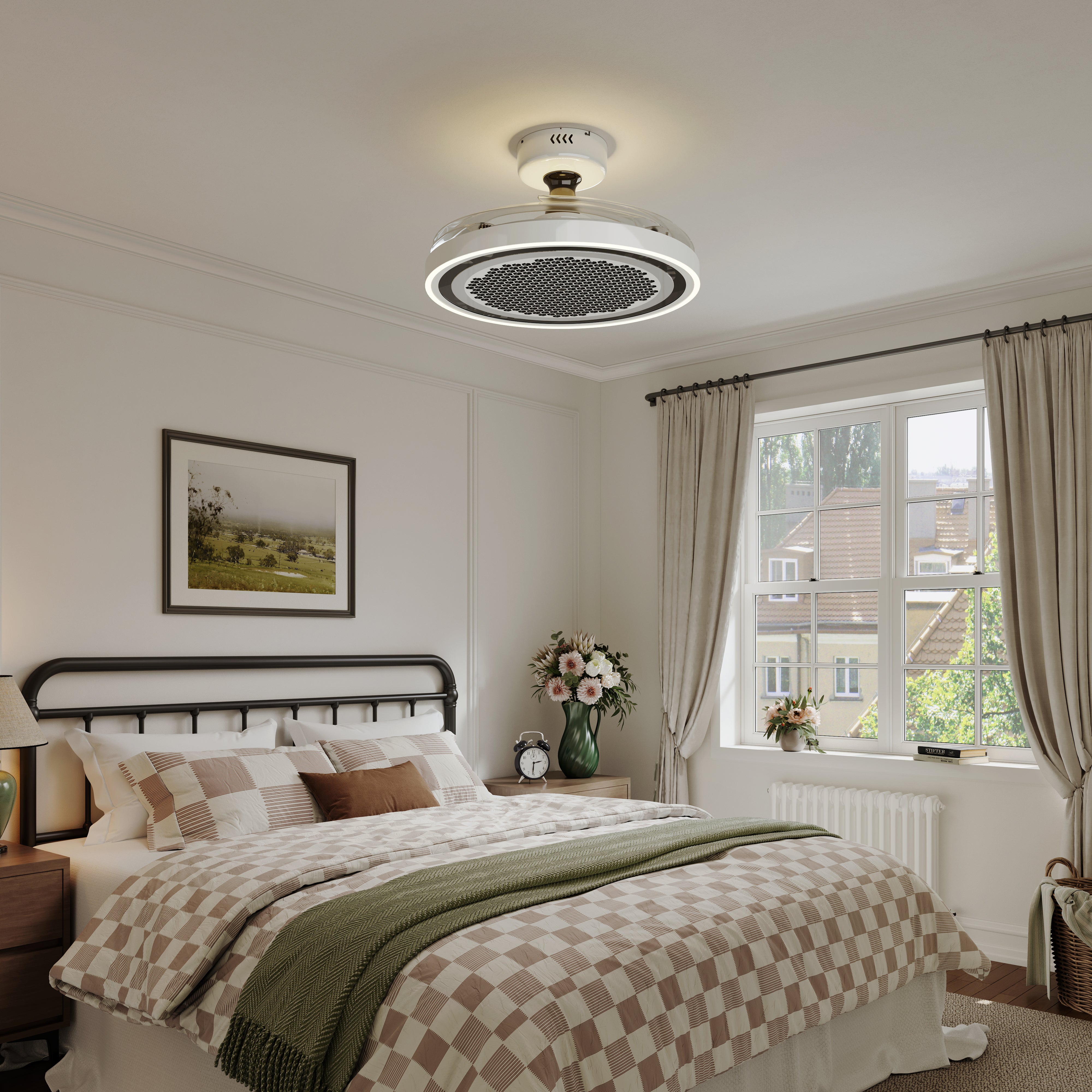 LI460249 White 48 Inch Reversible LED Ceiling Fan Light with Remote - light on with fan blades closed