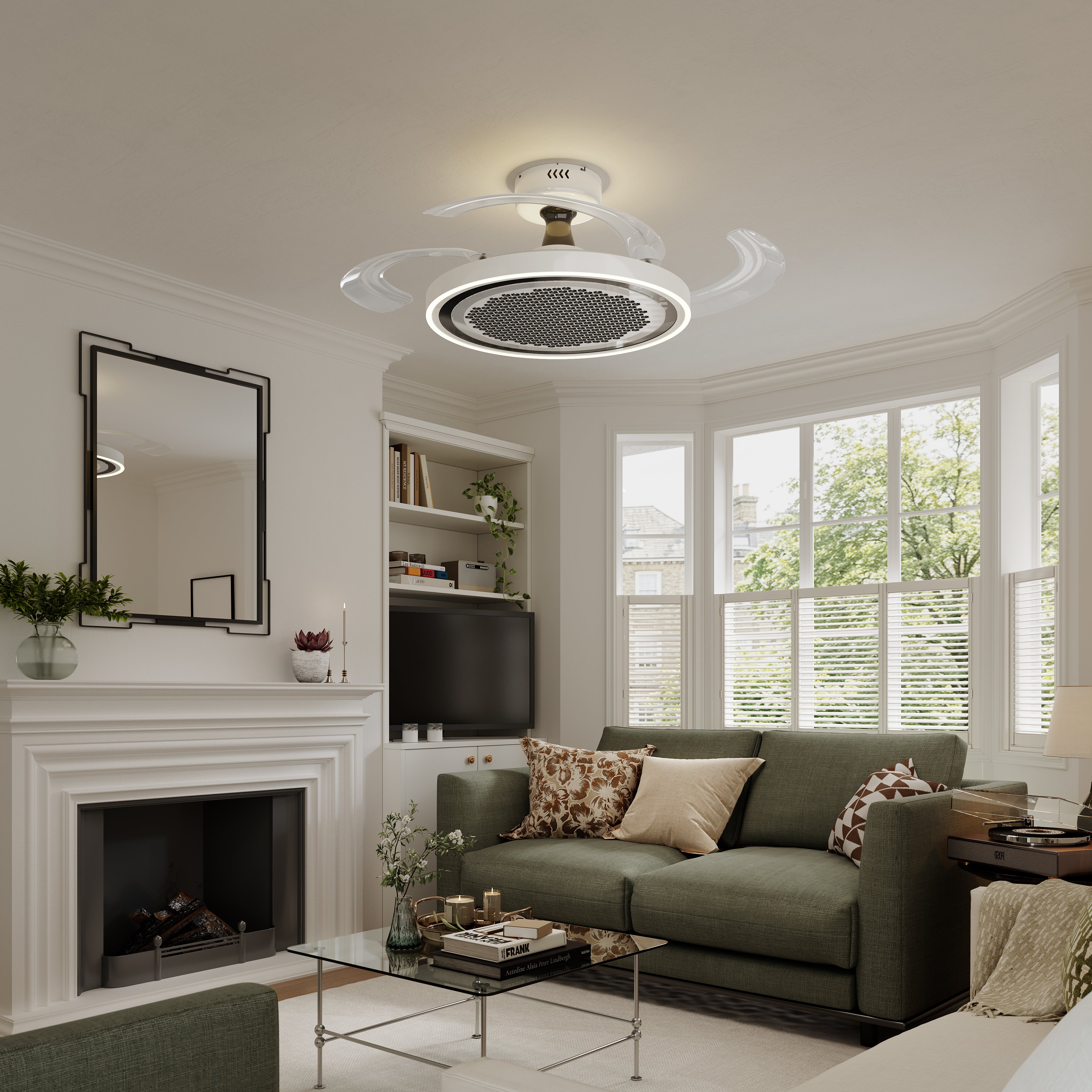 48 inch ceiling fan with dimmable LED light in a neutral lounge setting