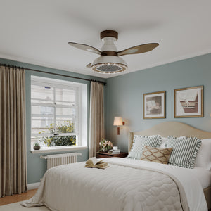 36 inch ceiling fan with solid wood blades and LED light with dimensions shown for installation