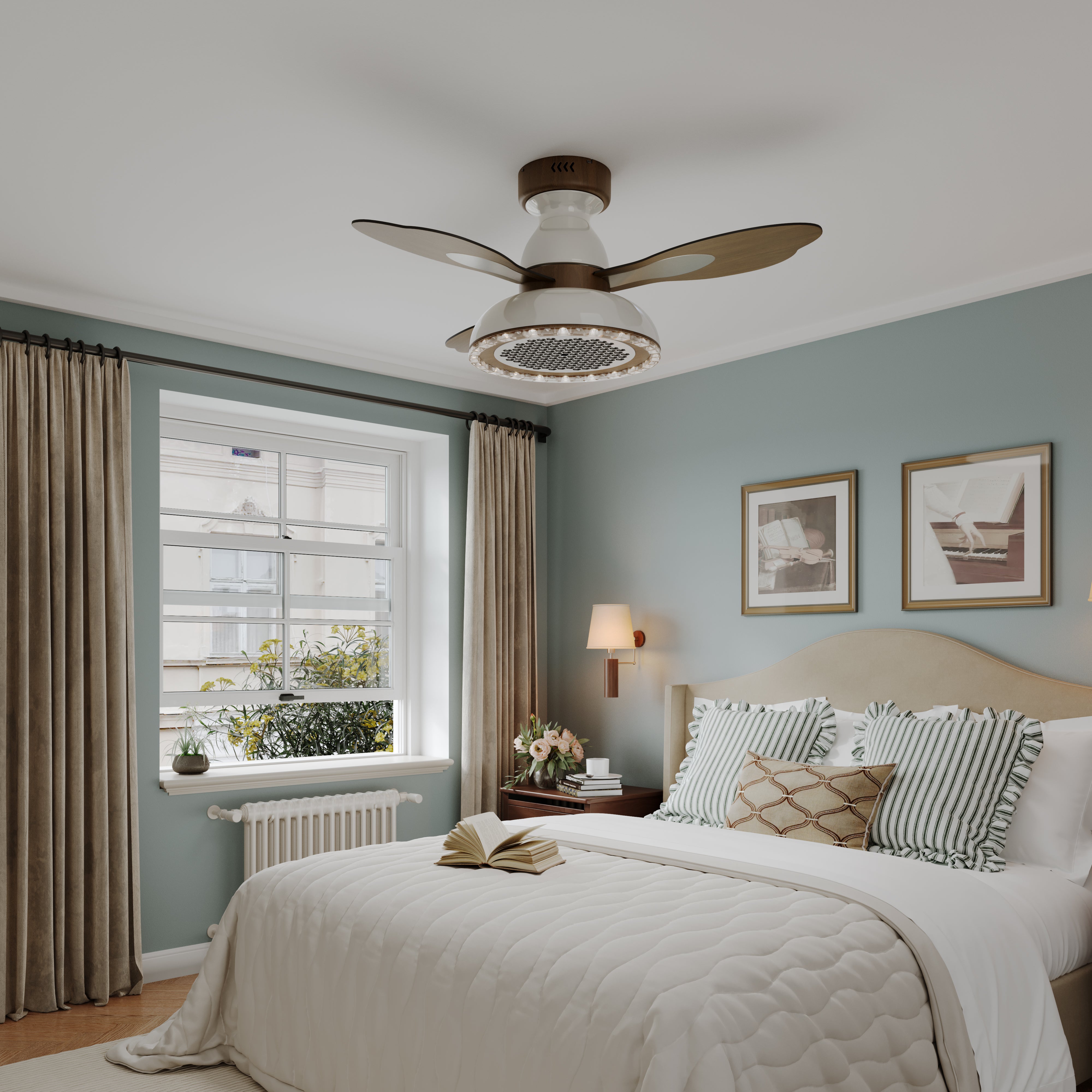 36 inch ceiling fan with solid wood blades and LED light with dimensions shown for installation