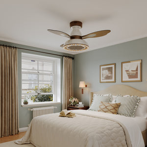 36 inch ceiling fan with solid wood blades and LED light highlighting the blade and light ring