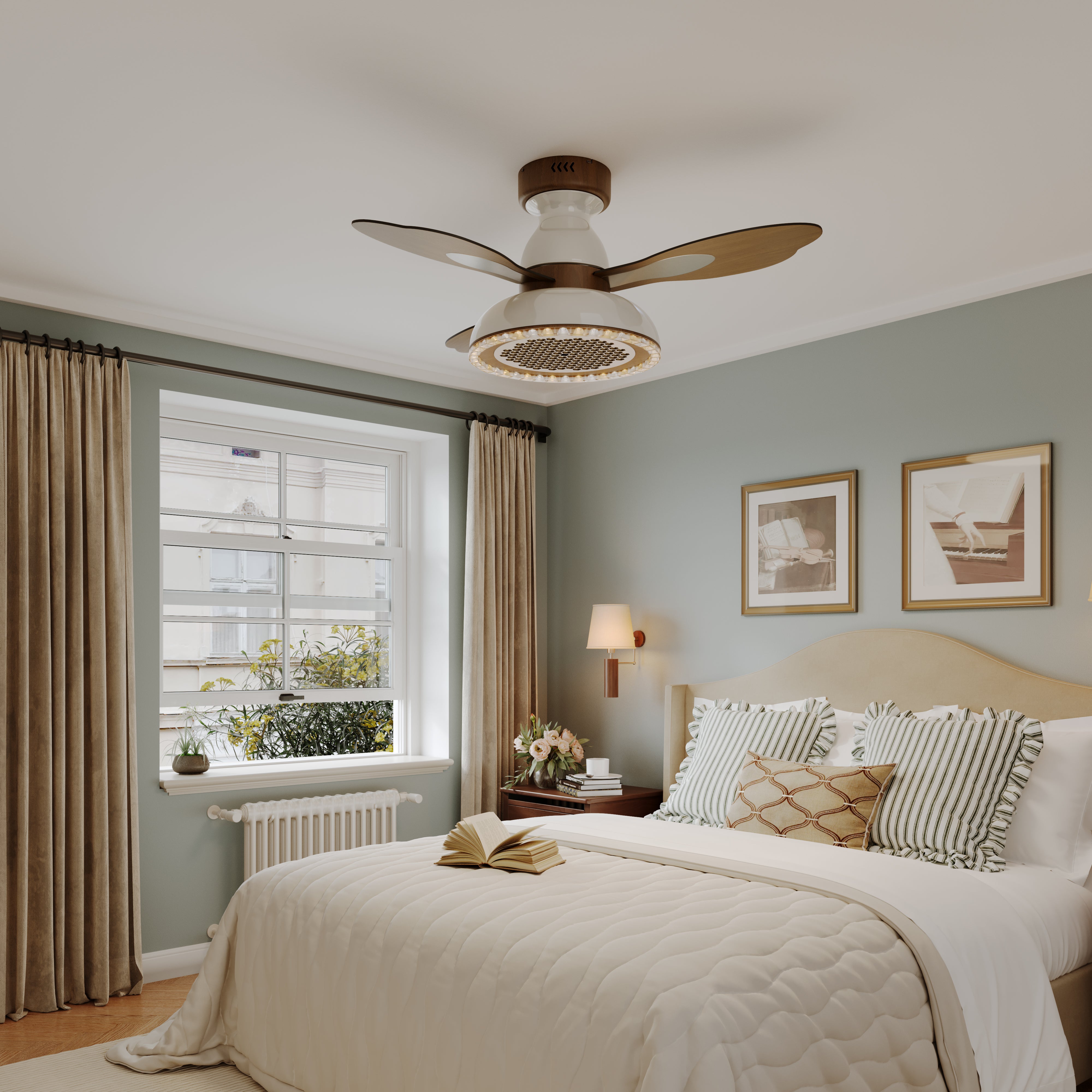 36 inch ceiling fan with solid wood blades and LED light highlighting the blade and light ring