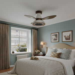 36 inch ceiling fan with solid wood blades and LED light in a neutral lounge setting