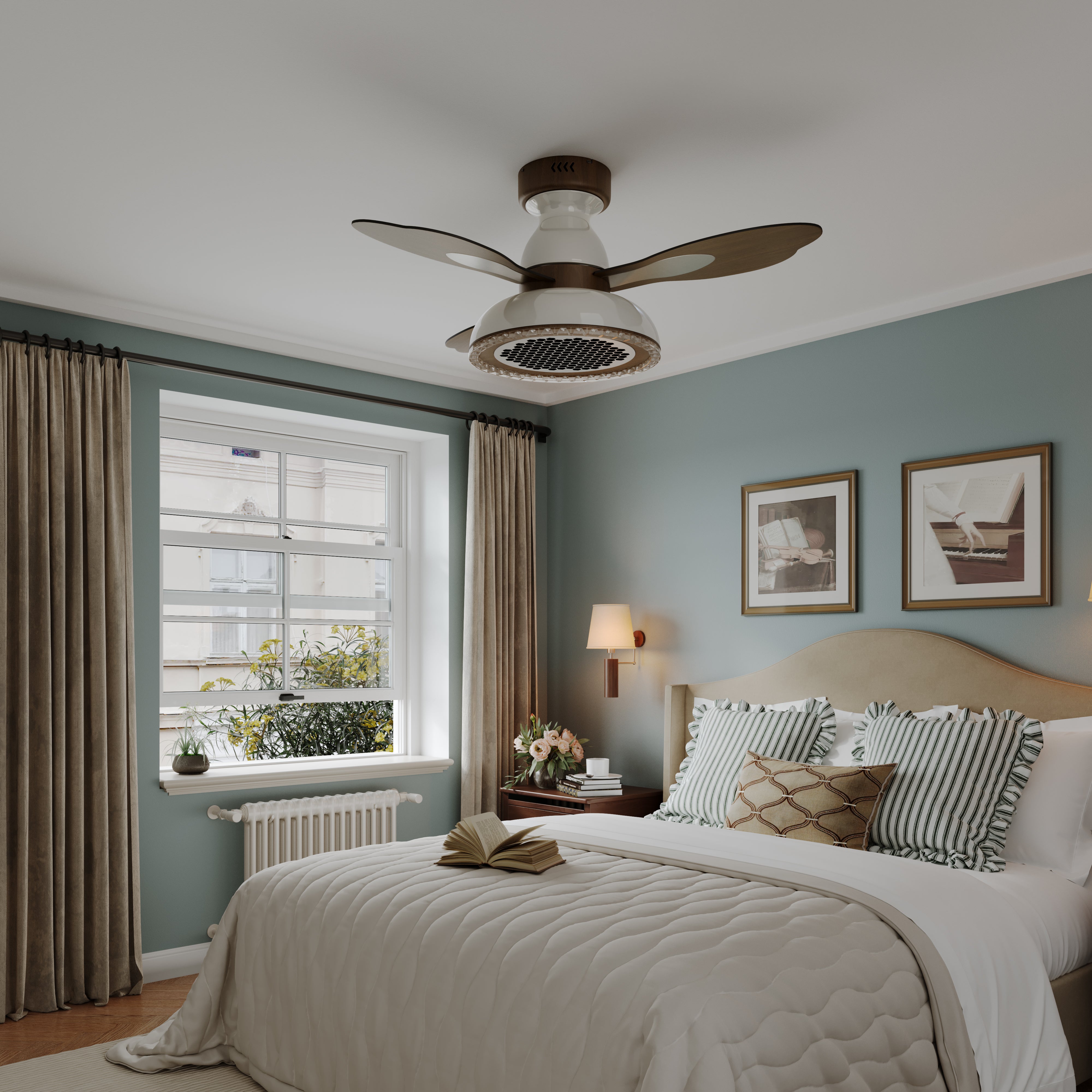 36 inch ceiling fan with solid wood blades and LED light in a neutral lounge setting
