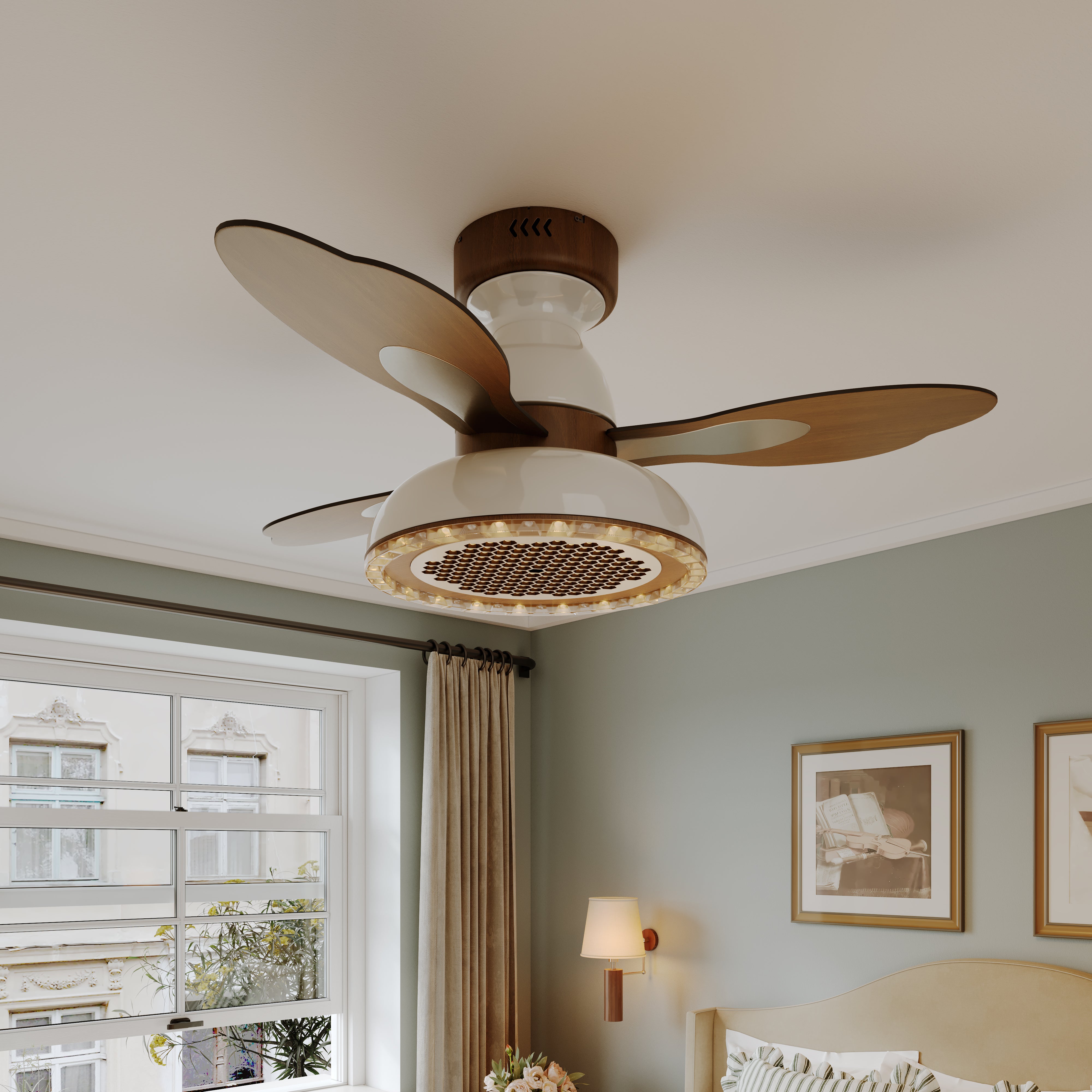 36 inch ceiling fan with solid wood blades and LED light shown from below with LED light on
