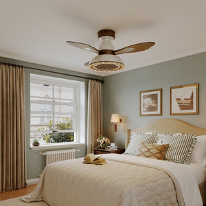 36 inch ceiling fan with solid wood blades and LED light with a compact motor and blade detail