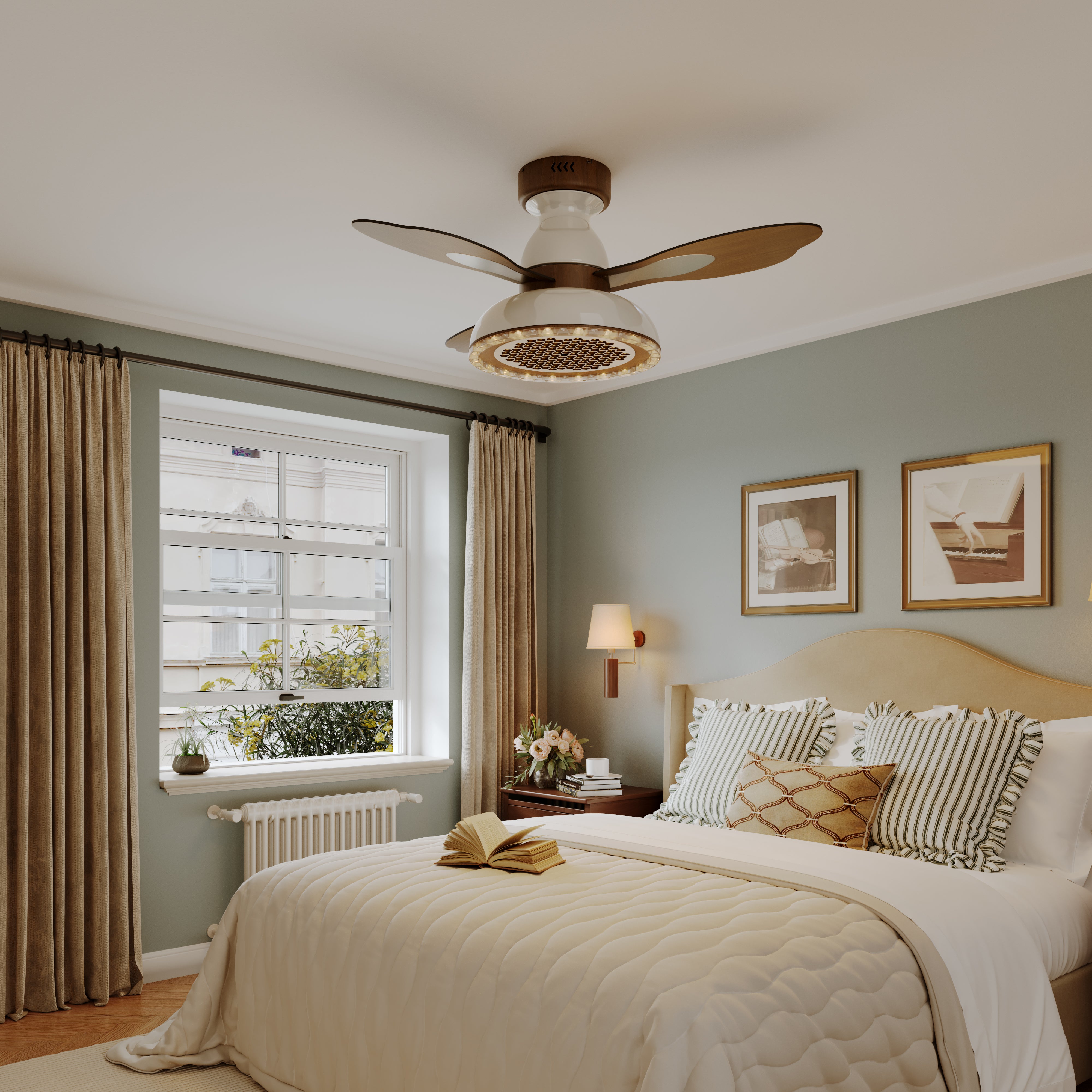 36 inch ceiling fan with solid wood blades and LED light with a compact motor and blade detail