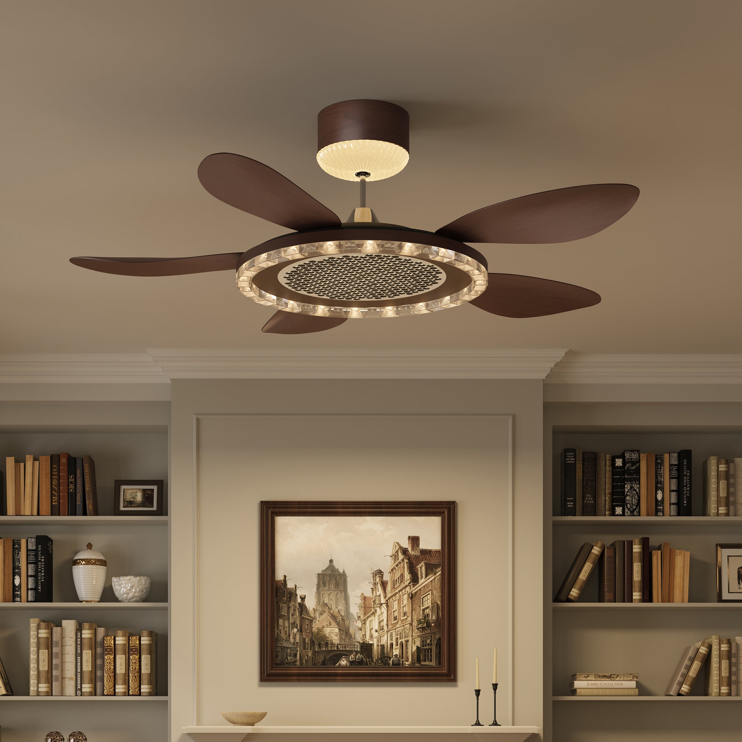 LI460251 Walnut 48 Inch Reversible LED Ceiling Fan Light with Remote - warm light mid-shot