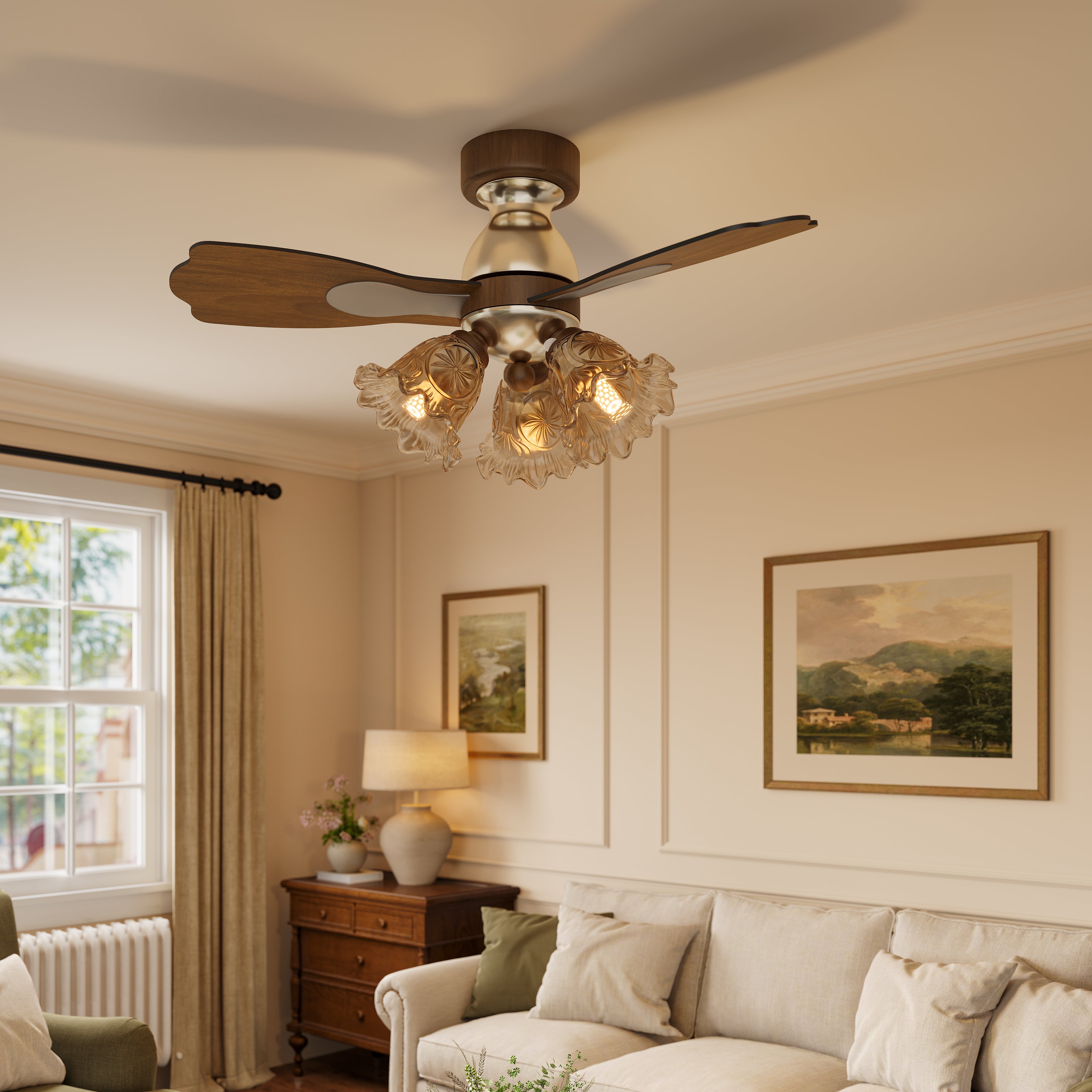 LI460253 Walnut 36 Inch Reversible LED Ceiling Fan Light with Remote - warm light full-room view