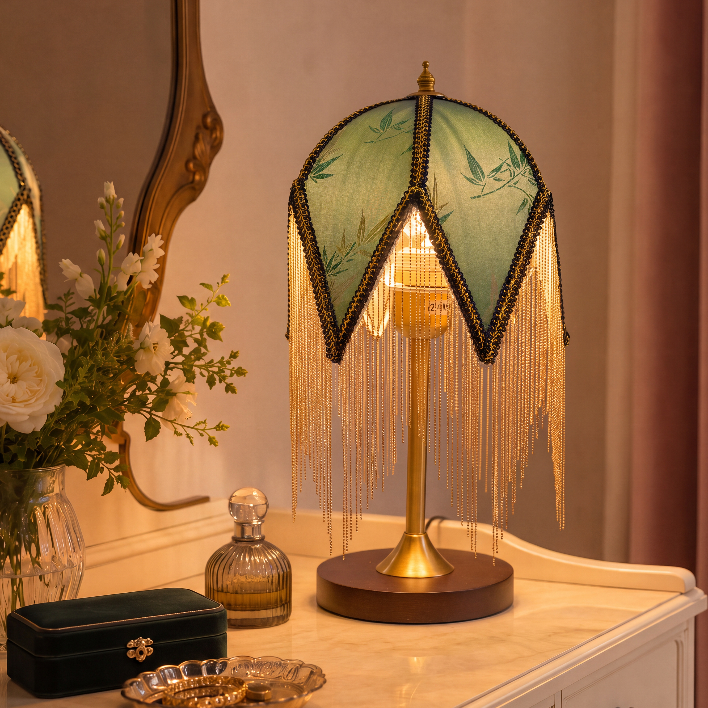 Mid-Century Vintage Tassel Table Lamp | Antique Brass & Fabric Bedside Lamp