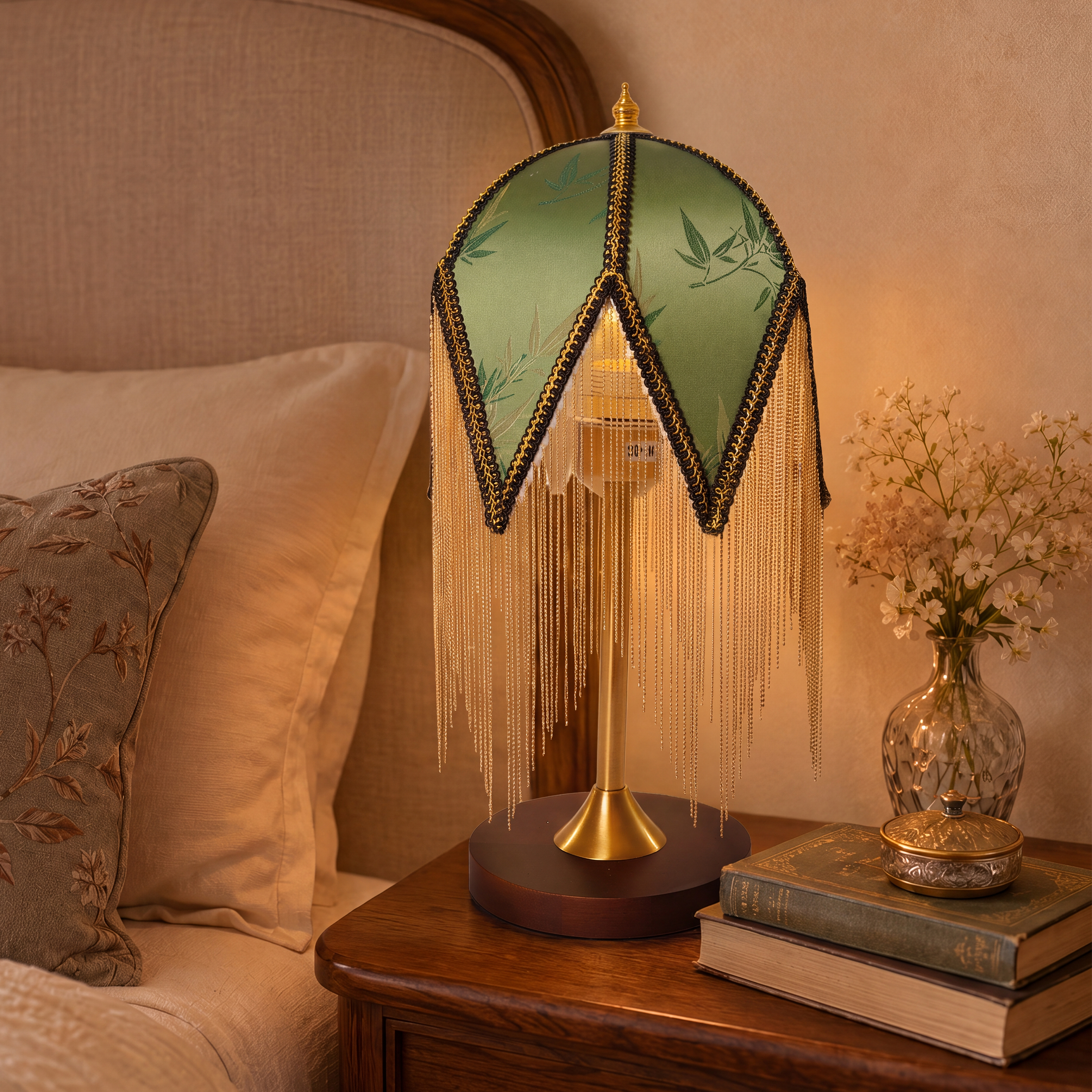Mid-Century Vintage Tassel Table Lamp | Antique Brass & Fabric Bedside Lamp