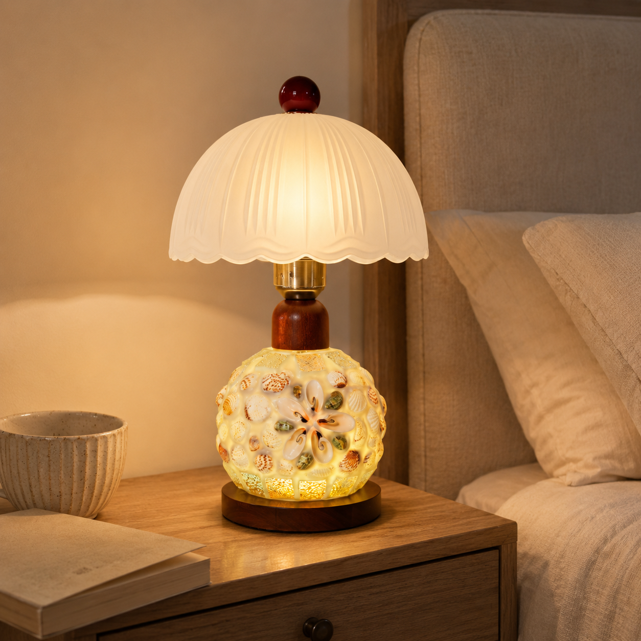 Mosaic Seashell Table Lamp - Coastal Glass & Wood Bedside Light