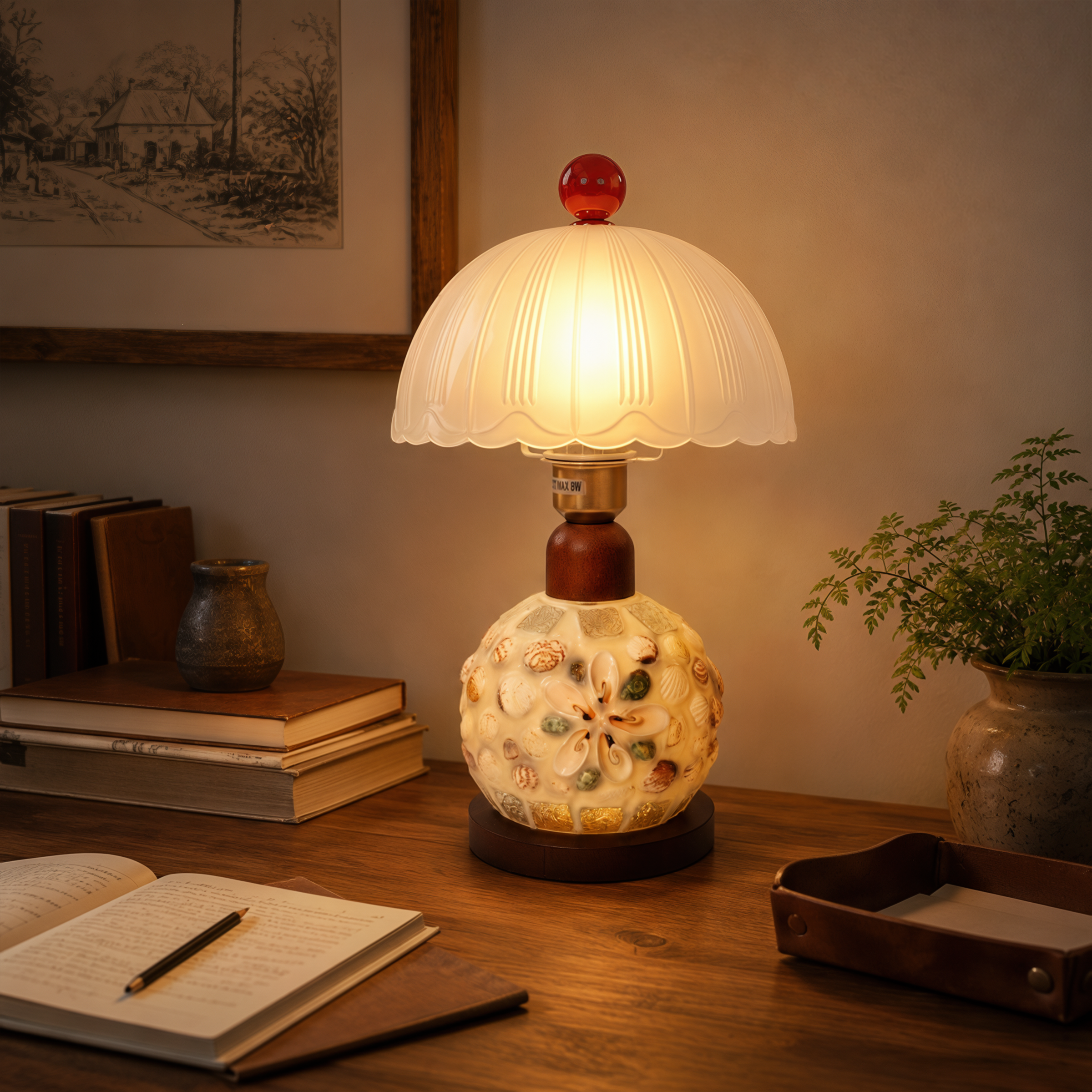 seashell mosaic table lamp on a desk with soft ambient light