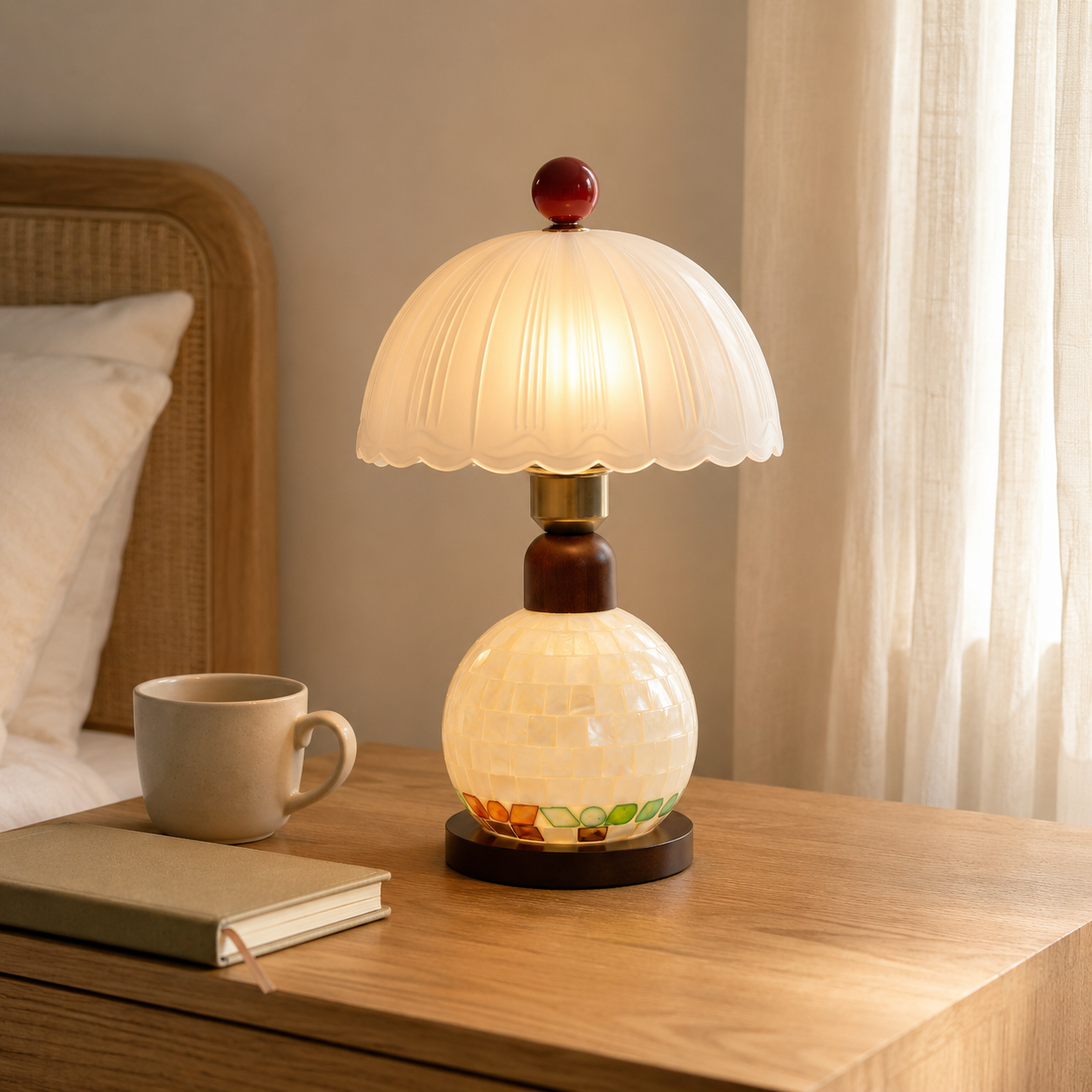 Mosaic Mother-of-Pearl Table Lamp - Coastal Glass & Wood Bedside Light