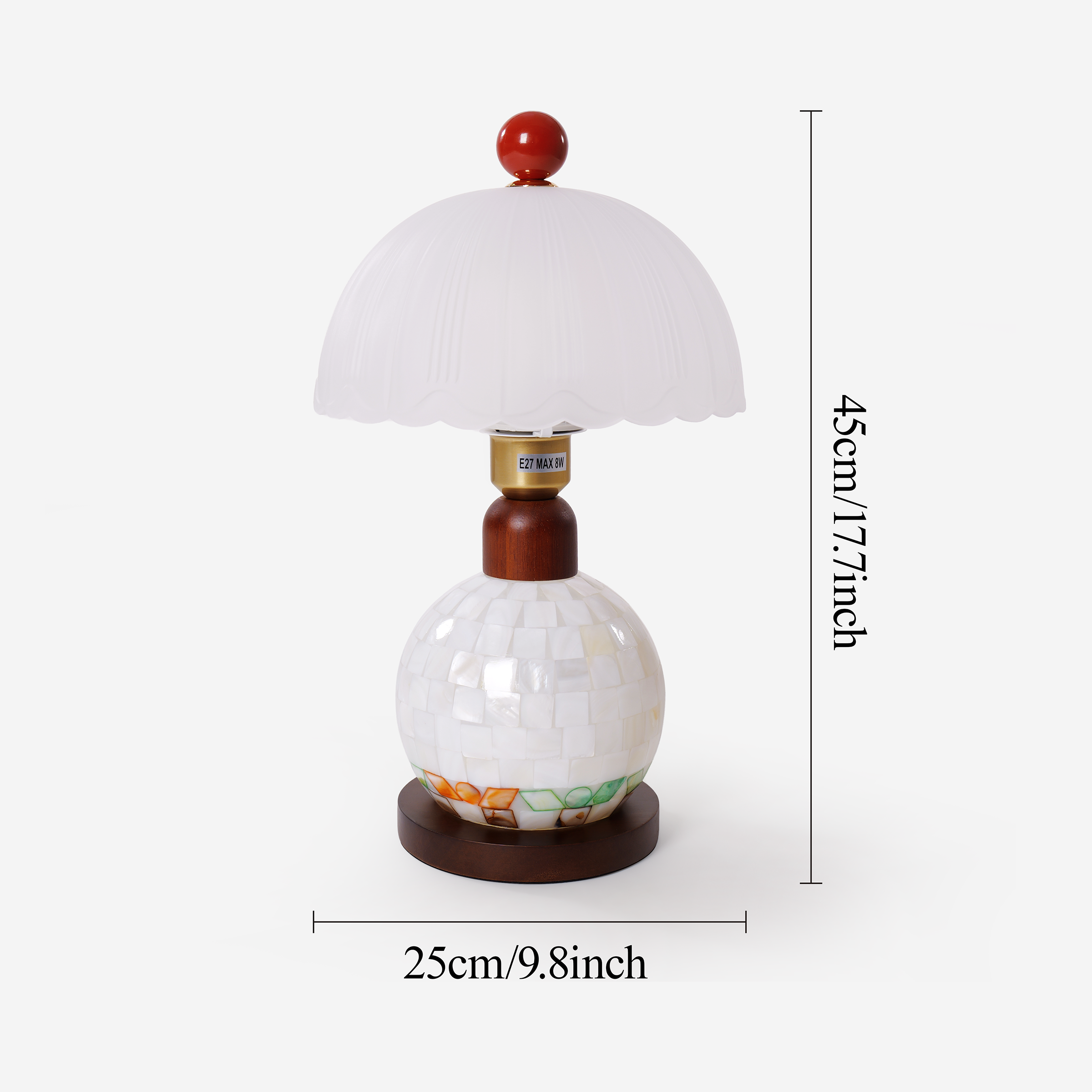 mother-of-pearl mosaic table lamp with close-up shade and base details
