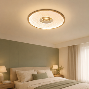 bark texture round LED ceiling light adding warm light to a bedroom