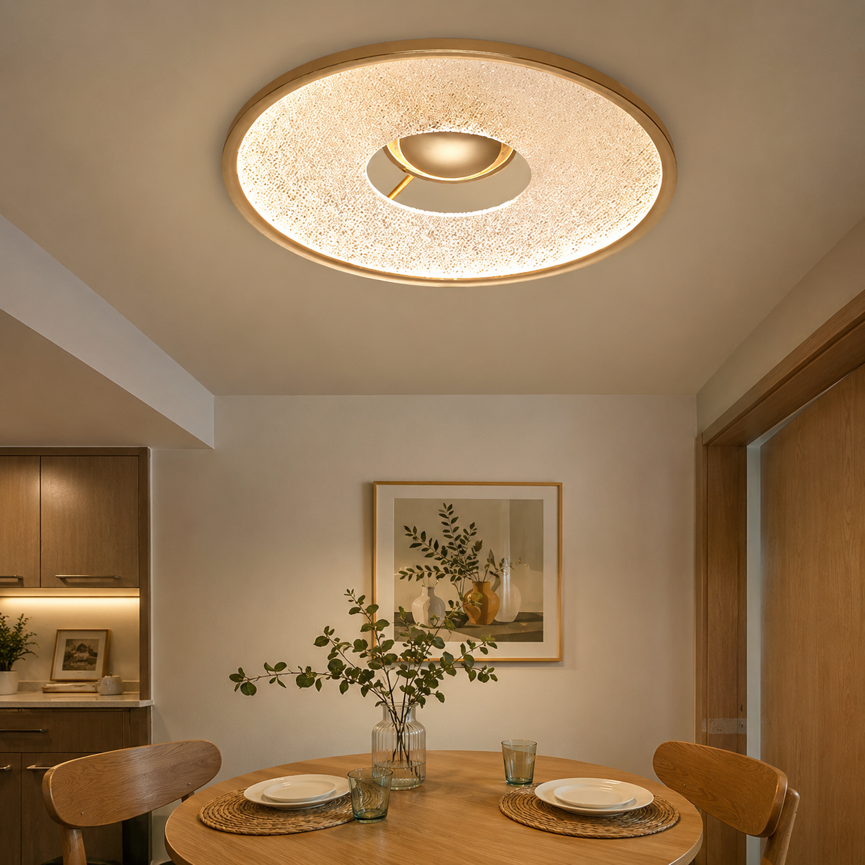 bark texture round LED ceiling light brightening a living room