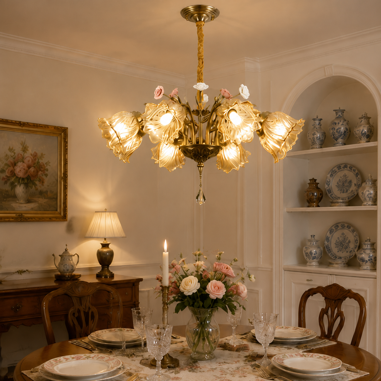 Antique Bronze and Amber Vintage 8-Light Ceramic Flower Pendant Light
