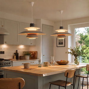 white layered minimalist pendant light in a warm living room