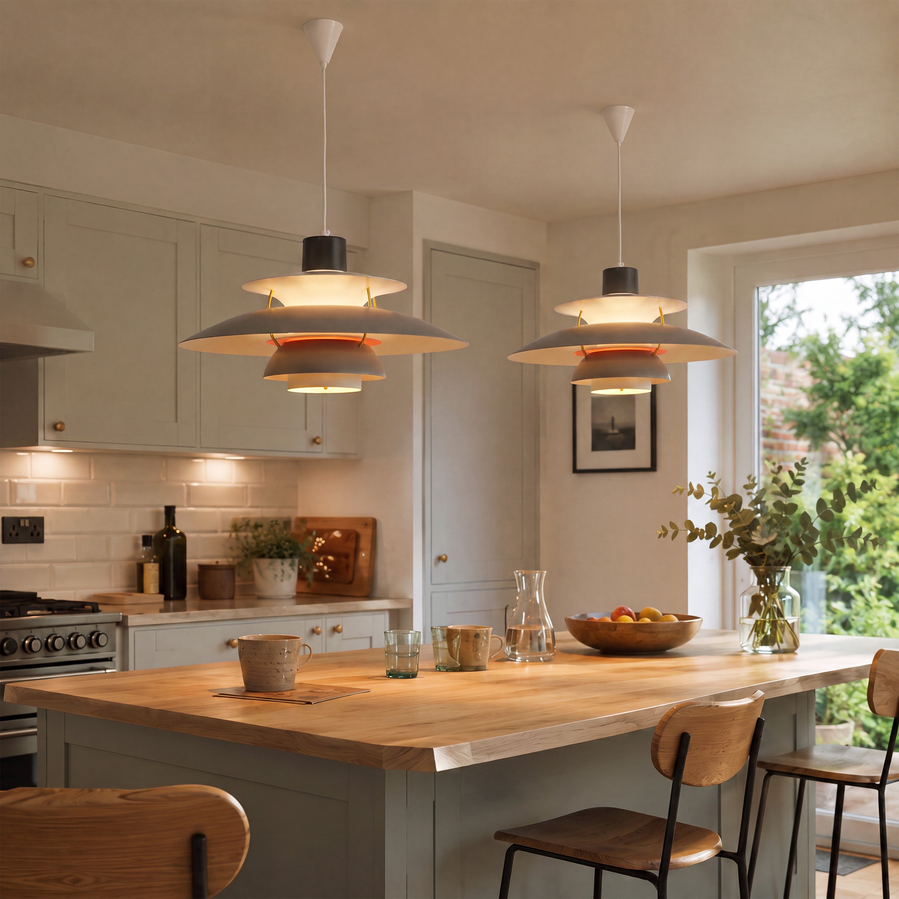 white layered minimalist pendant light in a warm living room