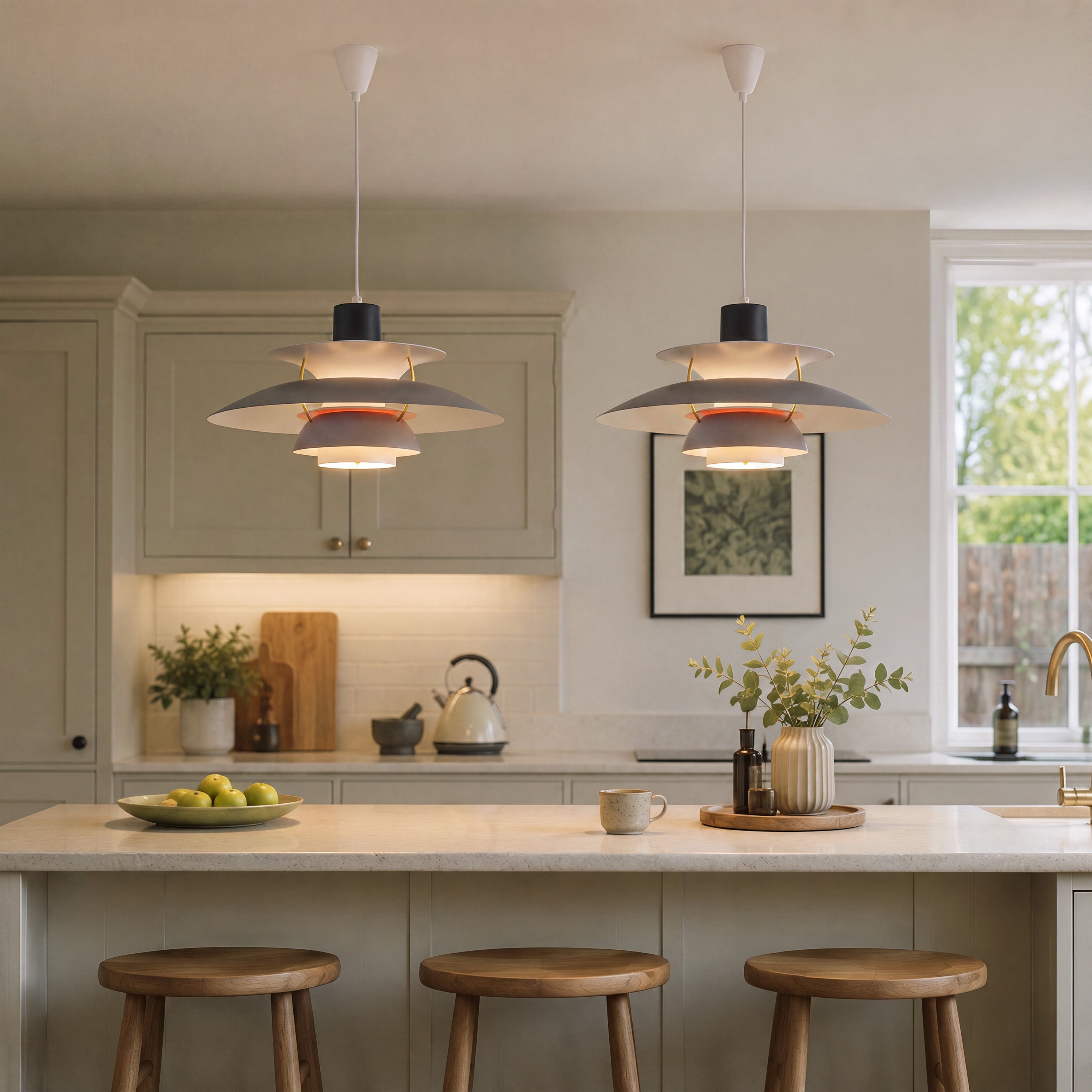 white layered minimalist pendant light shown as a clean product view