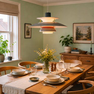 white layered minimalist pendant light over a kitchen island