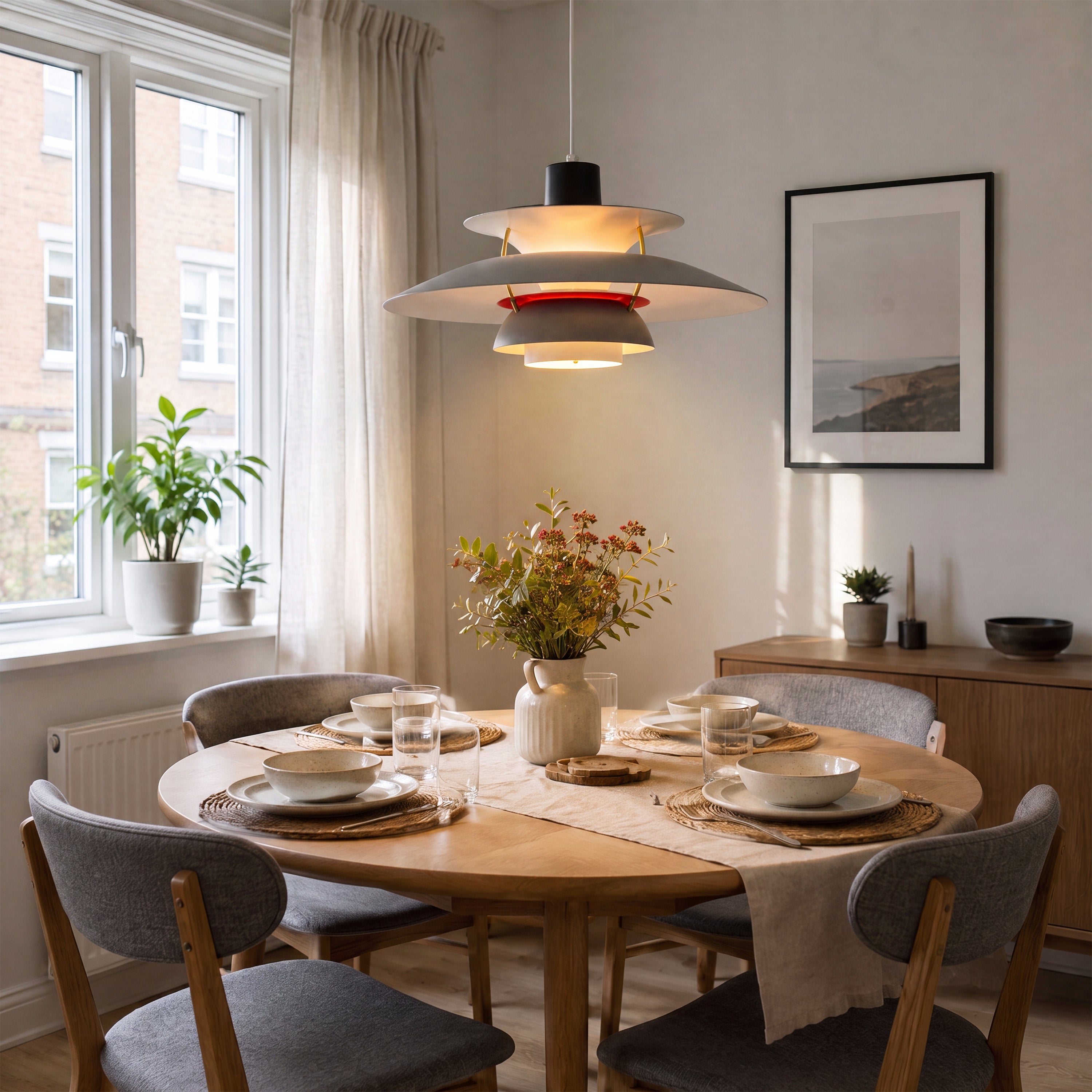 white layered minimalist pendant light styled in a calm bedroom