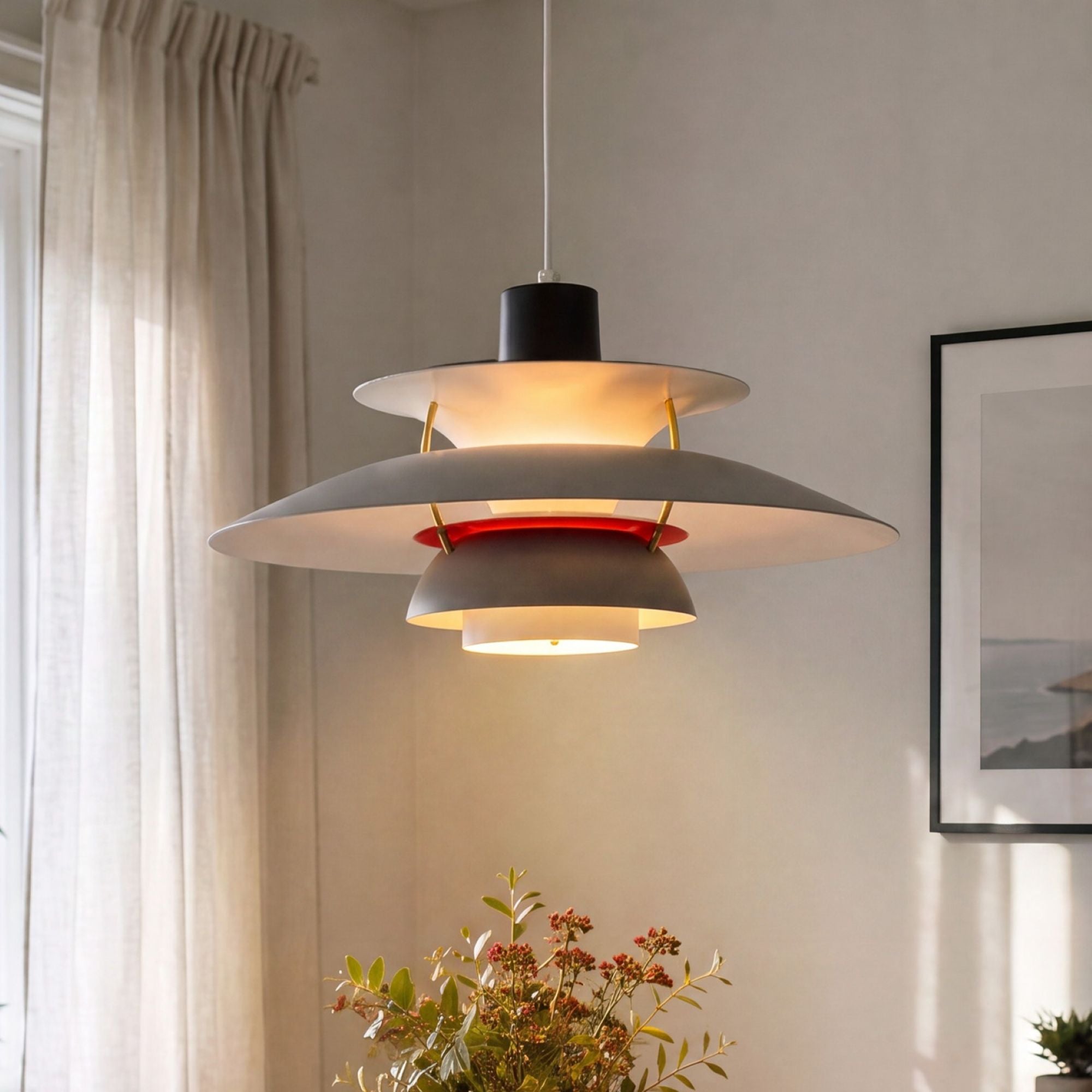 white layered minimalist pendant light hung above a dining table