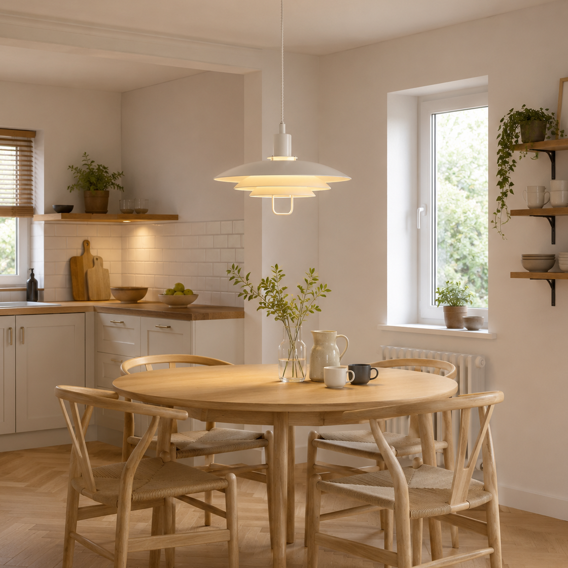 white layered minimalist pendant light in a warm living room