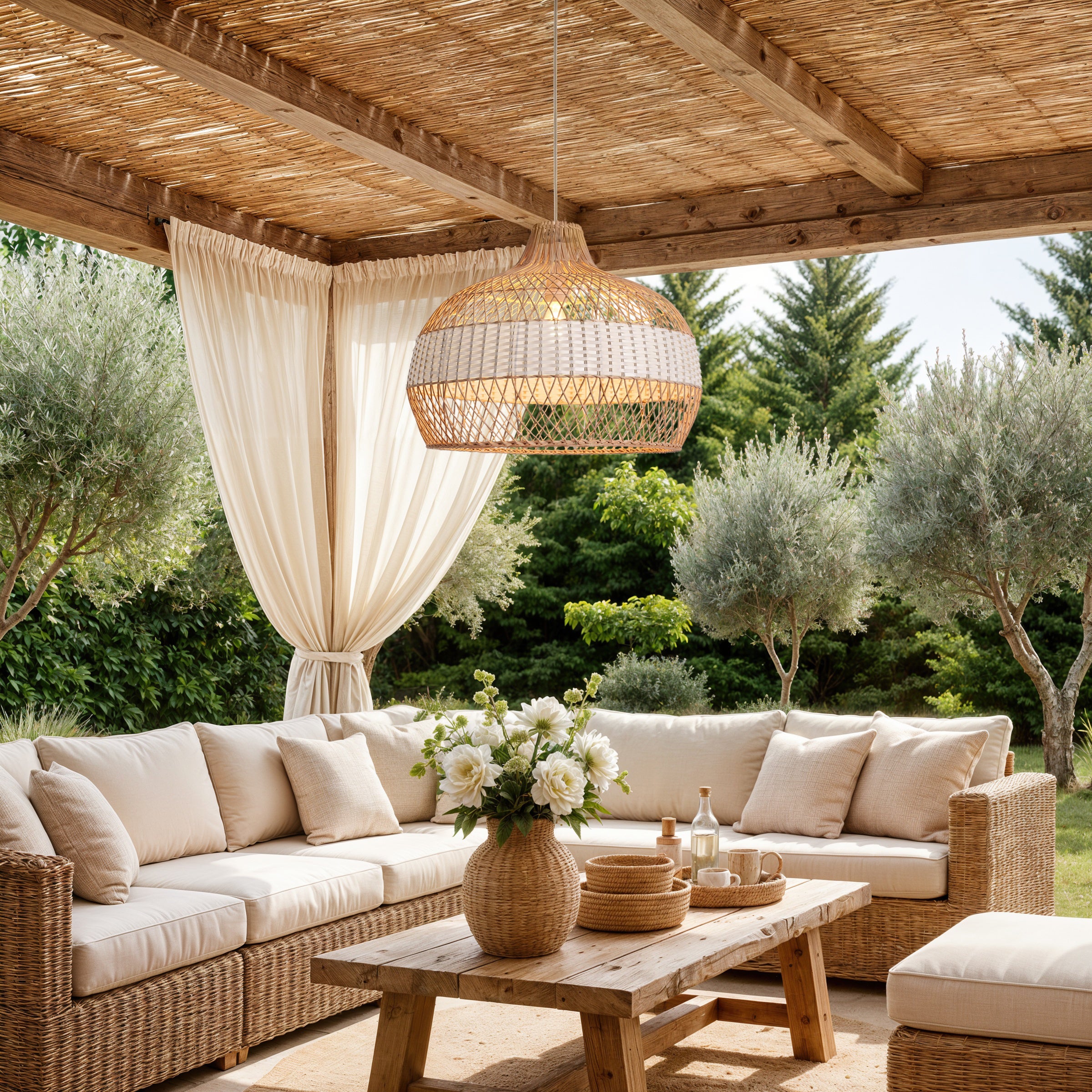 Half white handwoven rattan pendant light Style C - Upper Open Weave 凉亭