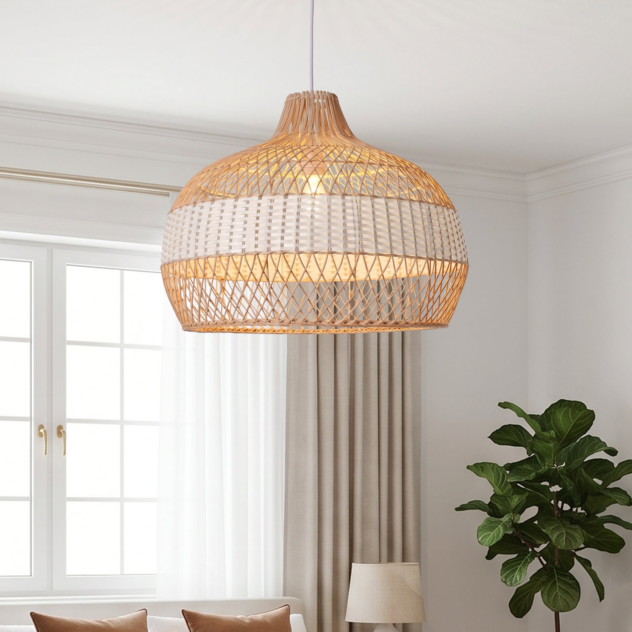 Half white handwoven rattan pendant light Style C - Upper Open Weave 卧室-编藤2