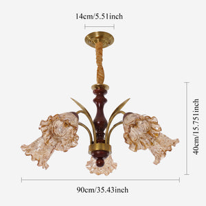 5-light copper chandelier with flower glass shades with close-up glass flower detail