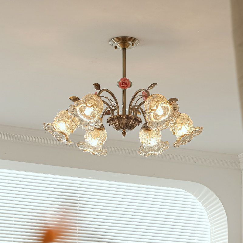 6-Light Gold Vintage Pink Floral Glass Chandelier - LI460295