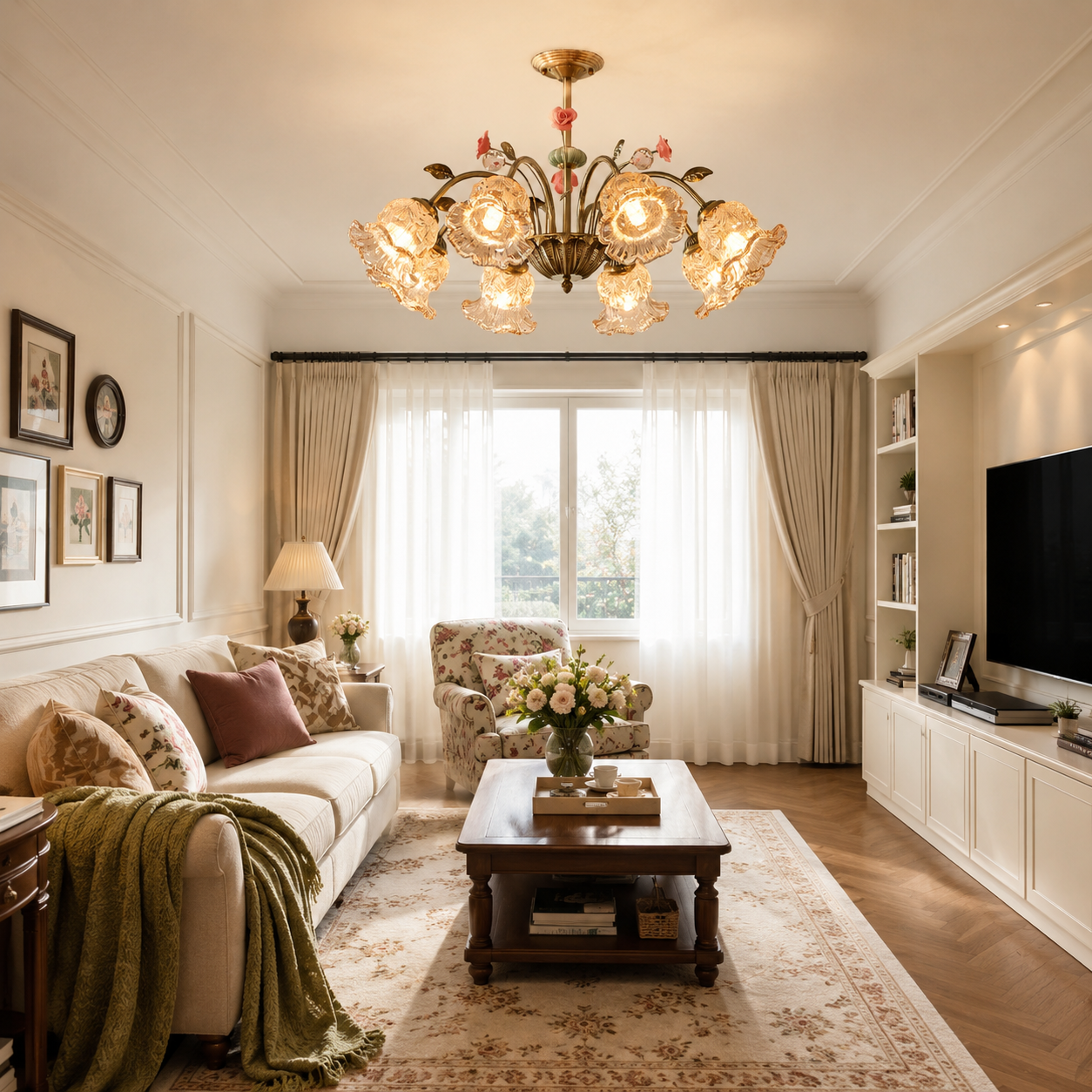 gold 8-light chandelier with pink floral glass shades shown as a clean product view