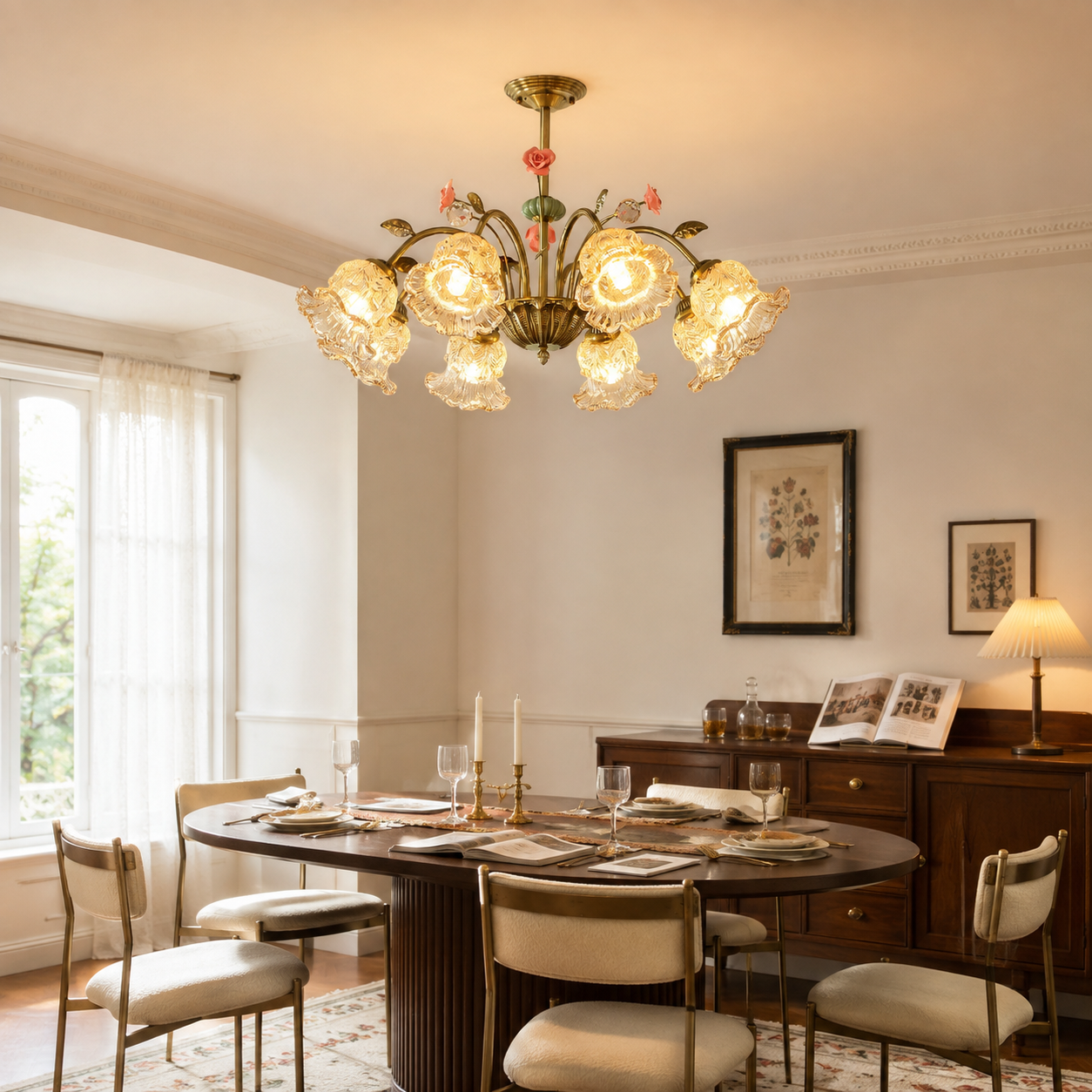 gold 8-light chandelier with pink floral glass shades styled in a warm living room