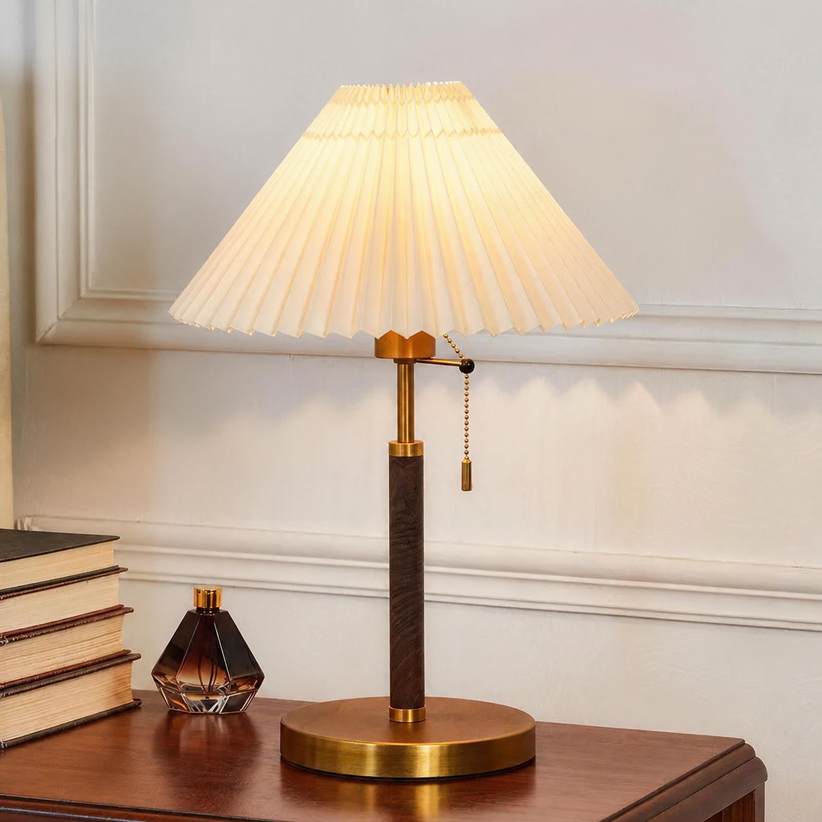 Vintage pleated shade table lamp with a walnut-tone column and brass-colour base