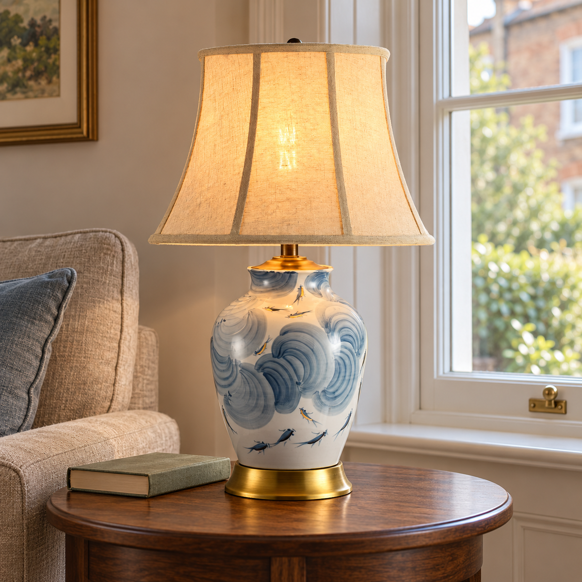 Blue pond fish ceramic lamp with ivory shade on a living room side table