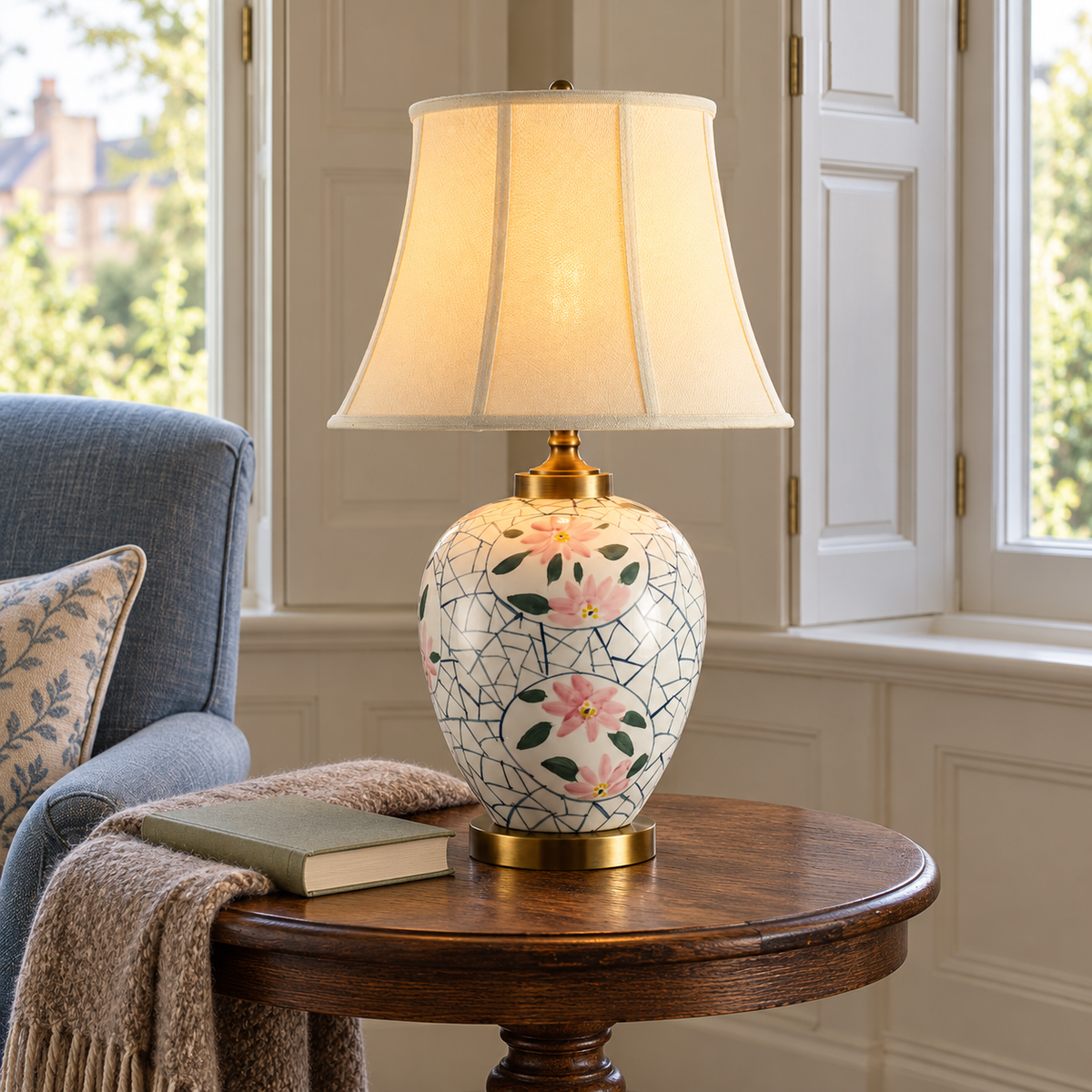 Pink lotus ceramic table lamp with ivory shade beside a living room chair