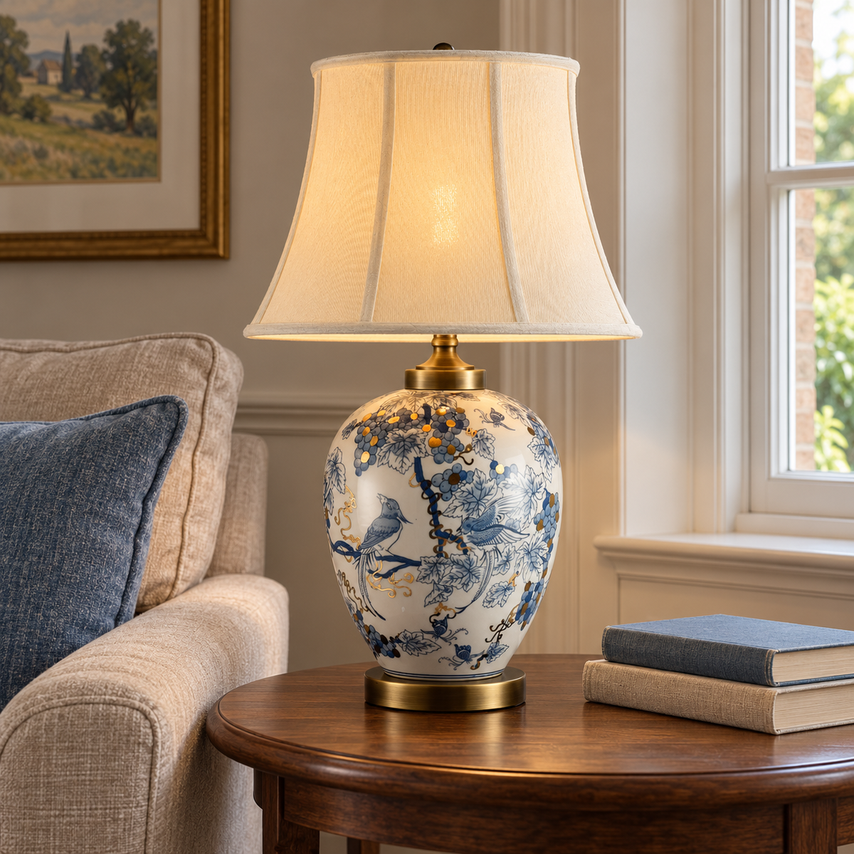Blue grape vine ceramic lamp with ivory shade beside a living room sofa