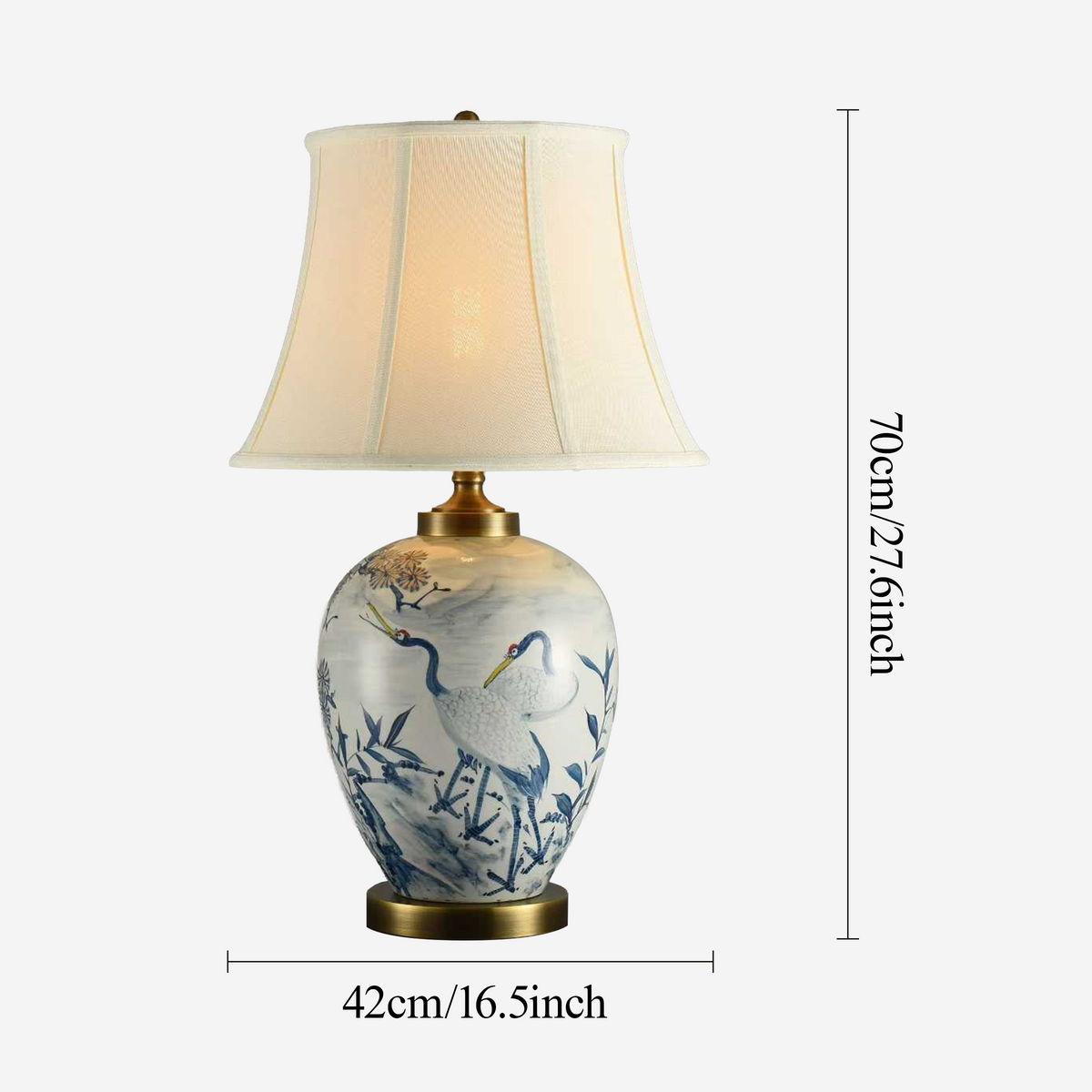 Blue crane ceramic table lamp size guide showing 70 cm height and 42 cm width