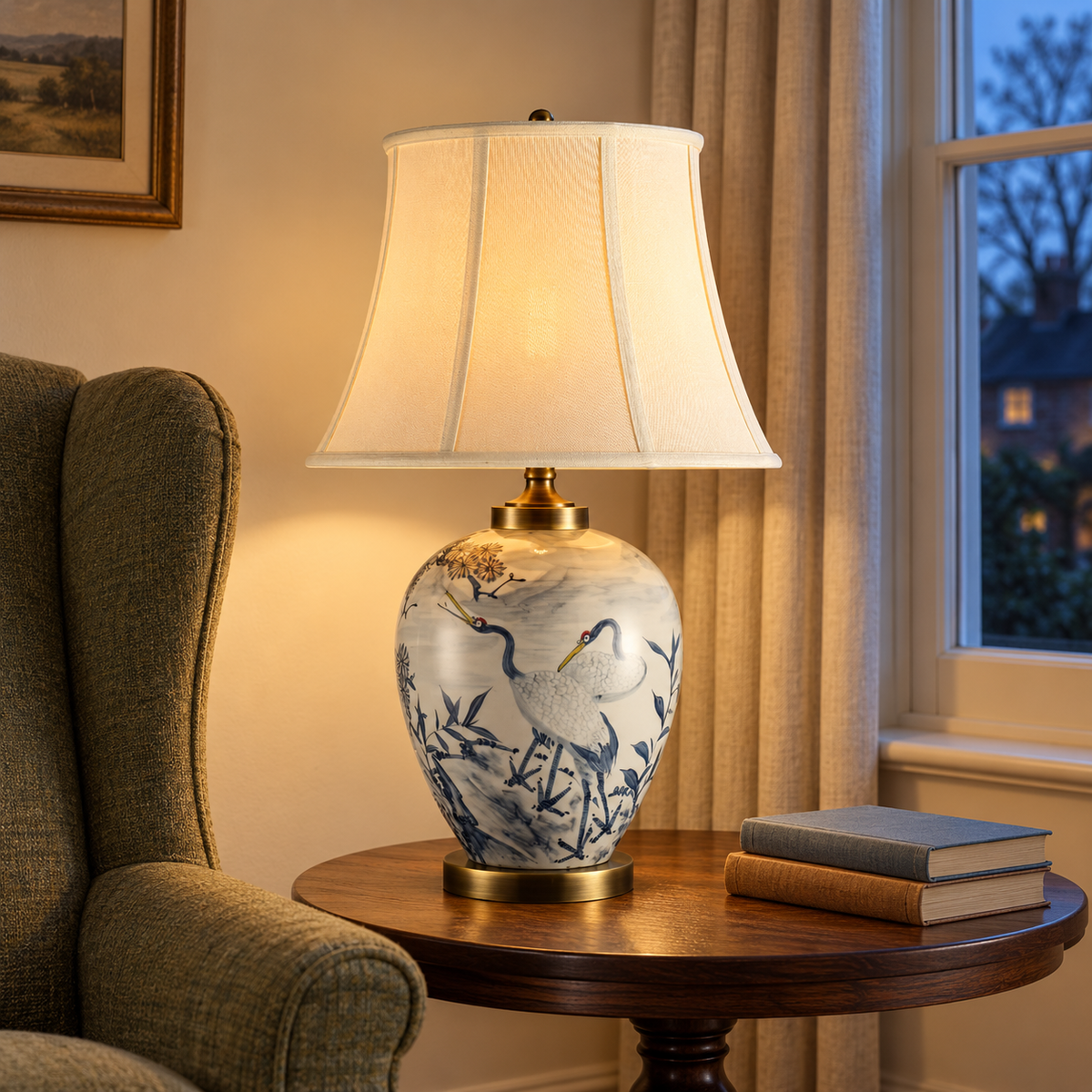 Blue crane ceramic table lamp with ivory shade on a living room side table