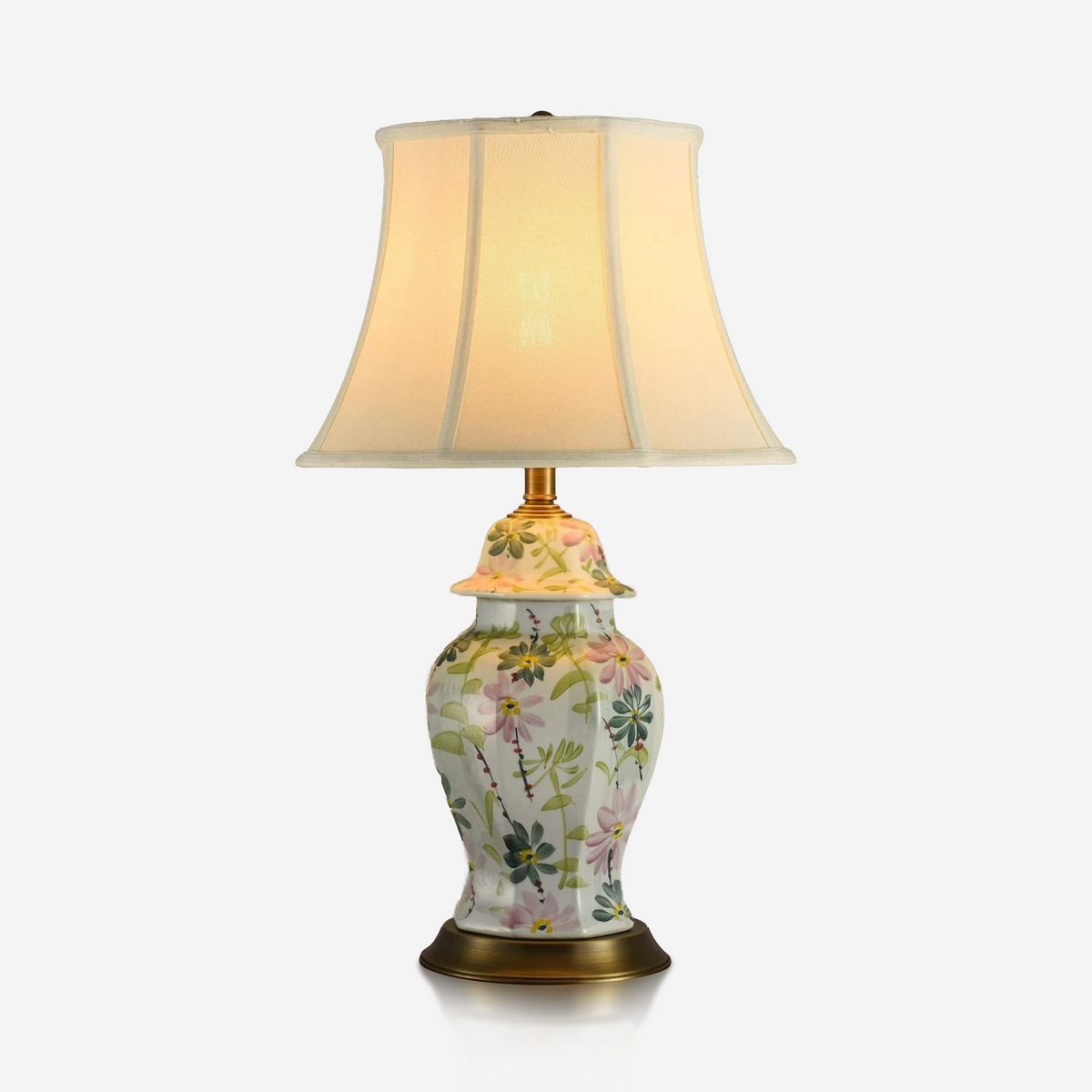 Pink floral ceramic ginger jar lamp with ivory fabric shade