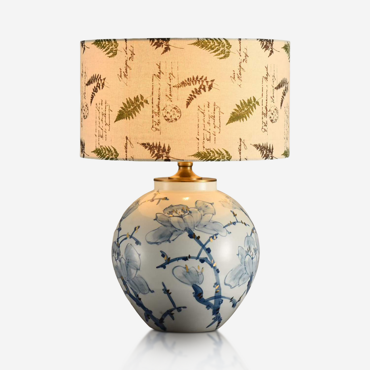 Blue lotus ceramic table lamp with rectangular botanical fabric shade