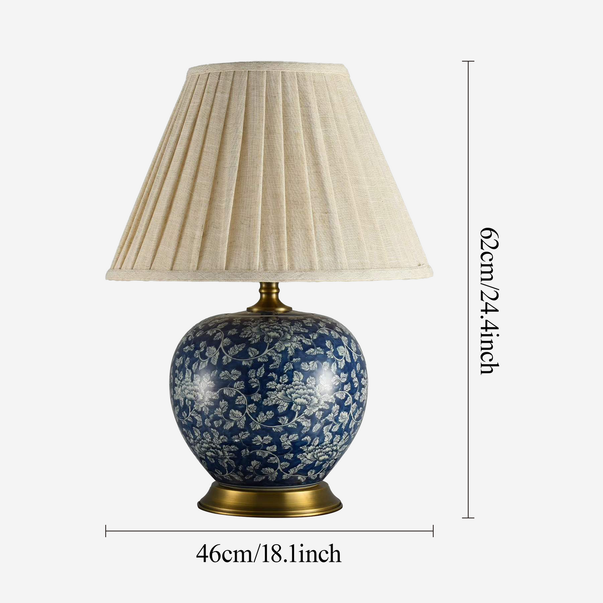 Navy floral ceramic table lamp size guide showing 62 cm height and 46 cm width