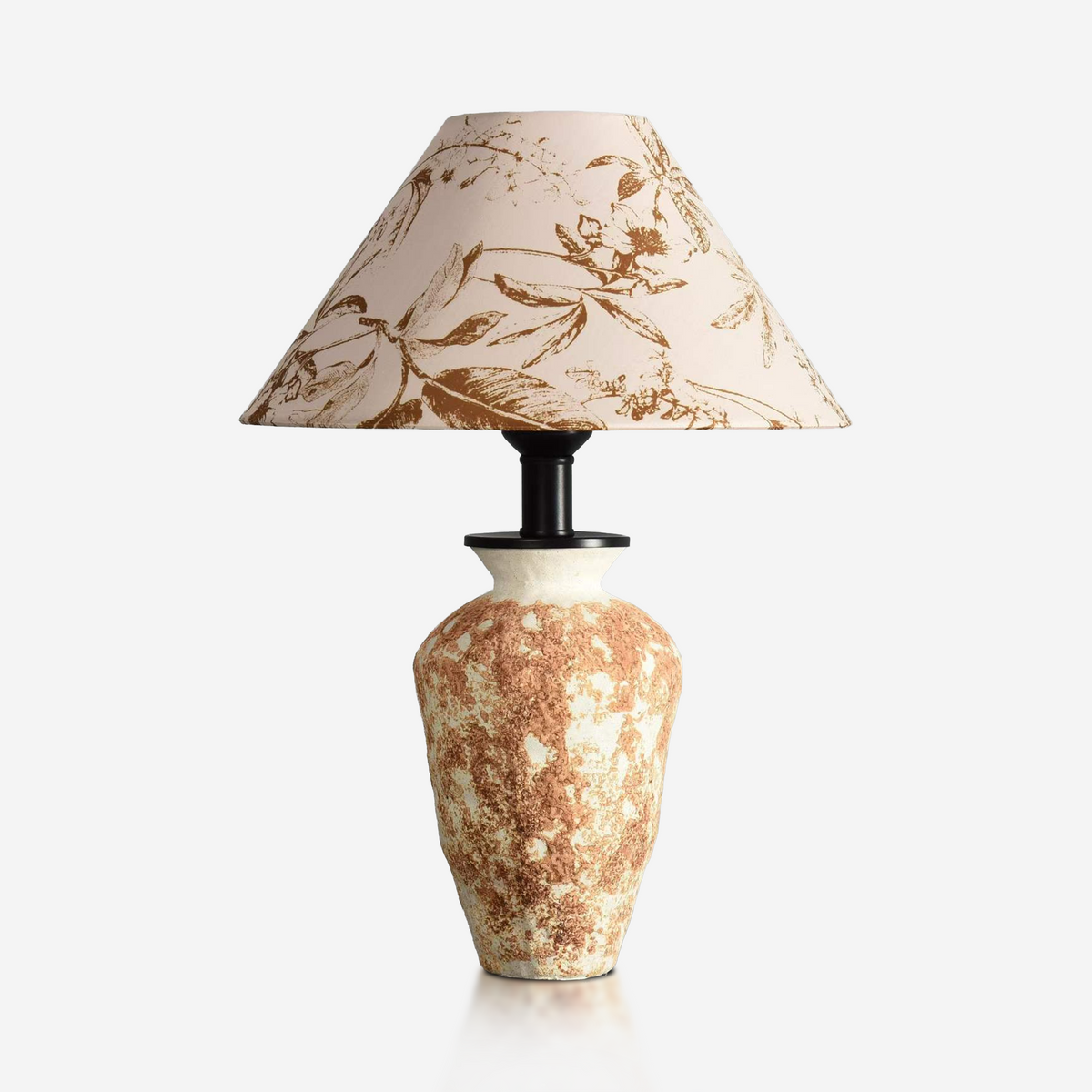 Compact brown art ceramic table lamp with leaf-print fabric shade