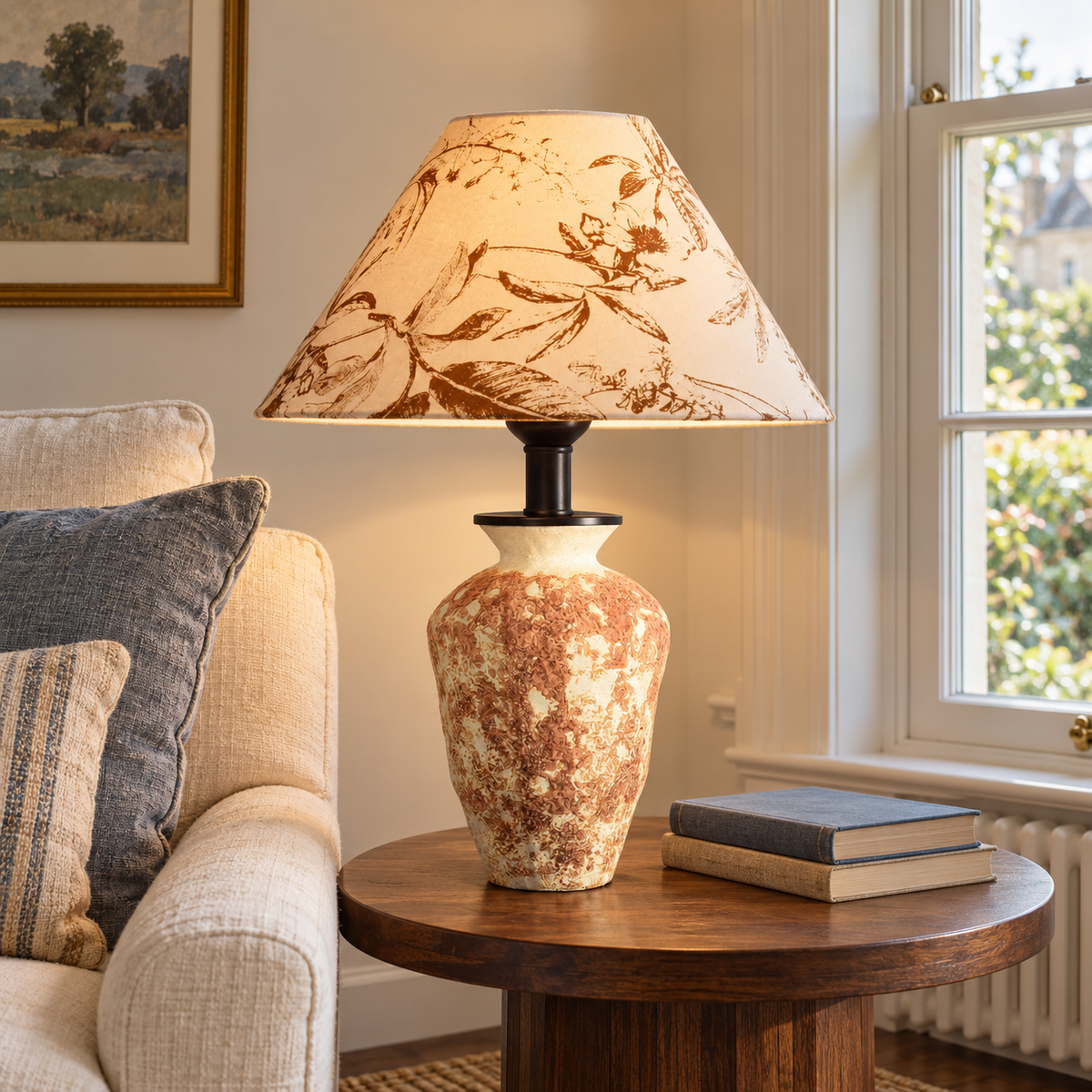 Brown mottled ceramic lamp with botanical shade on a living room side table